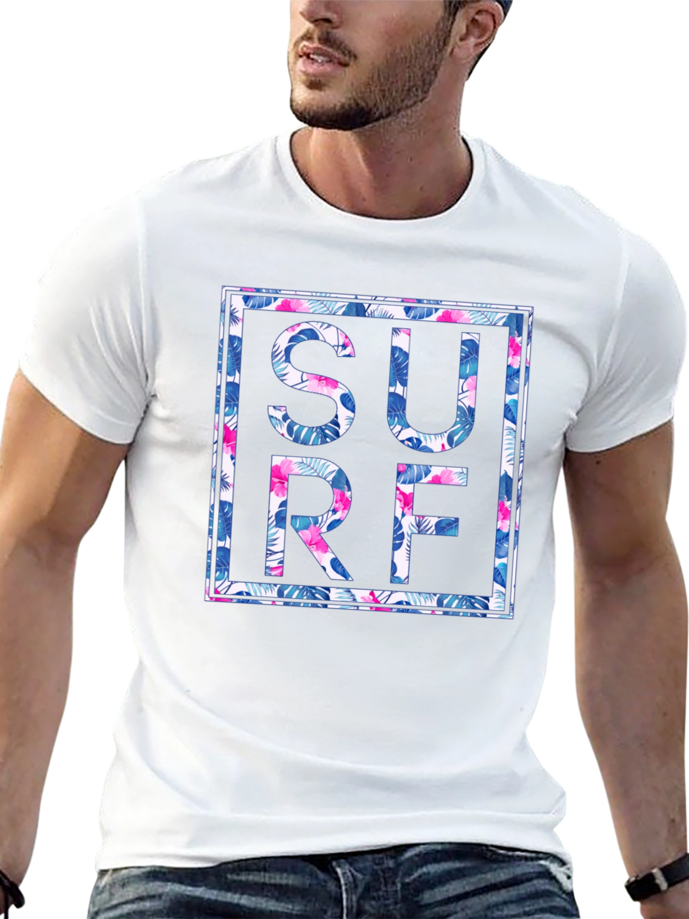 Tropical Floral Surf Graphic Mens Black T-Shirt