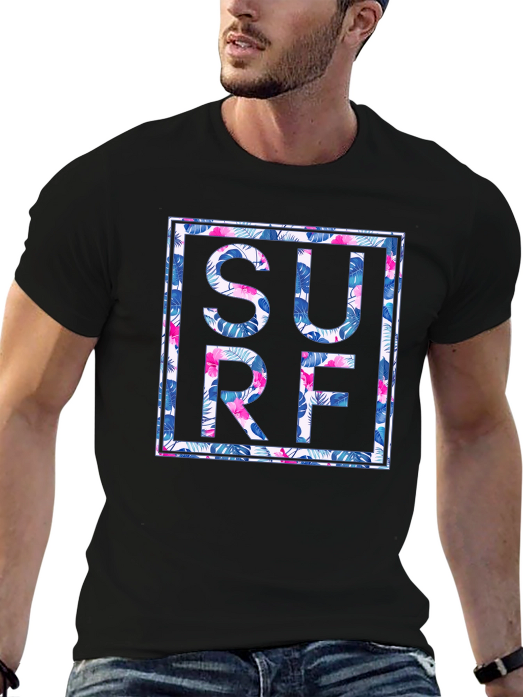 Tropical Floral Surf Graphic Mens Black T-Shirt