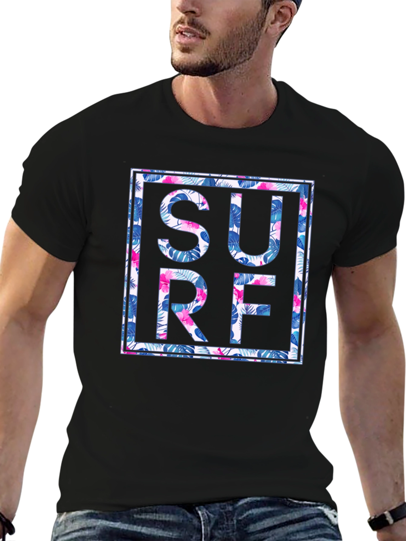 Tropical Floral Surf Graphic Mens Black T-Shirt