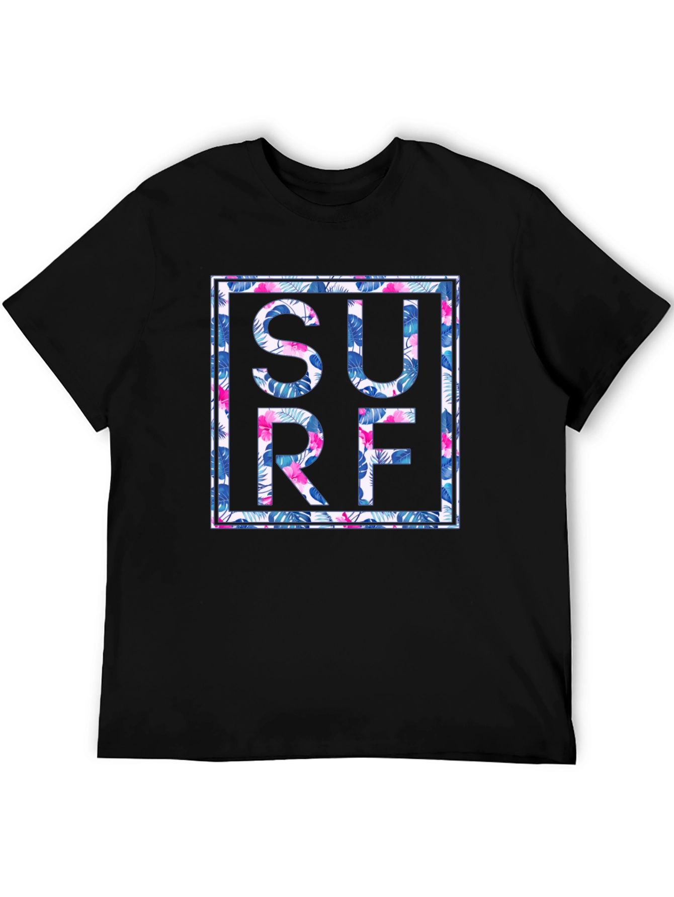 Tropical Floral Surf Graphic Mens Black T-Shirt