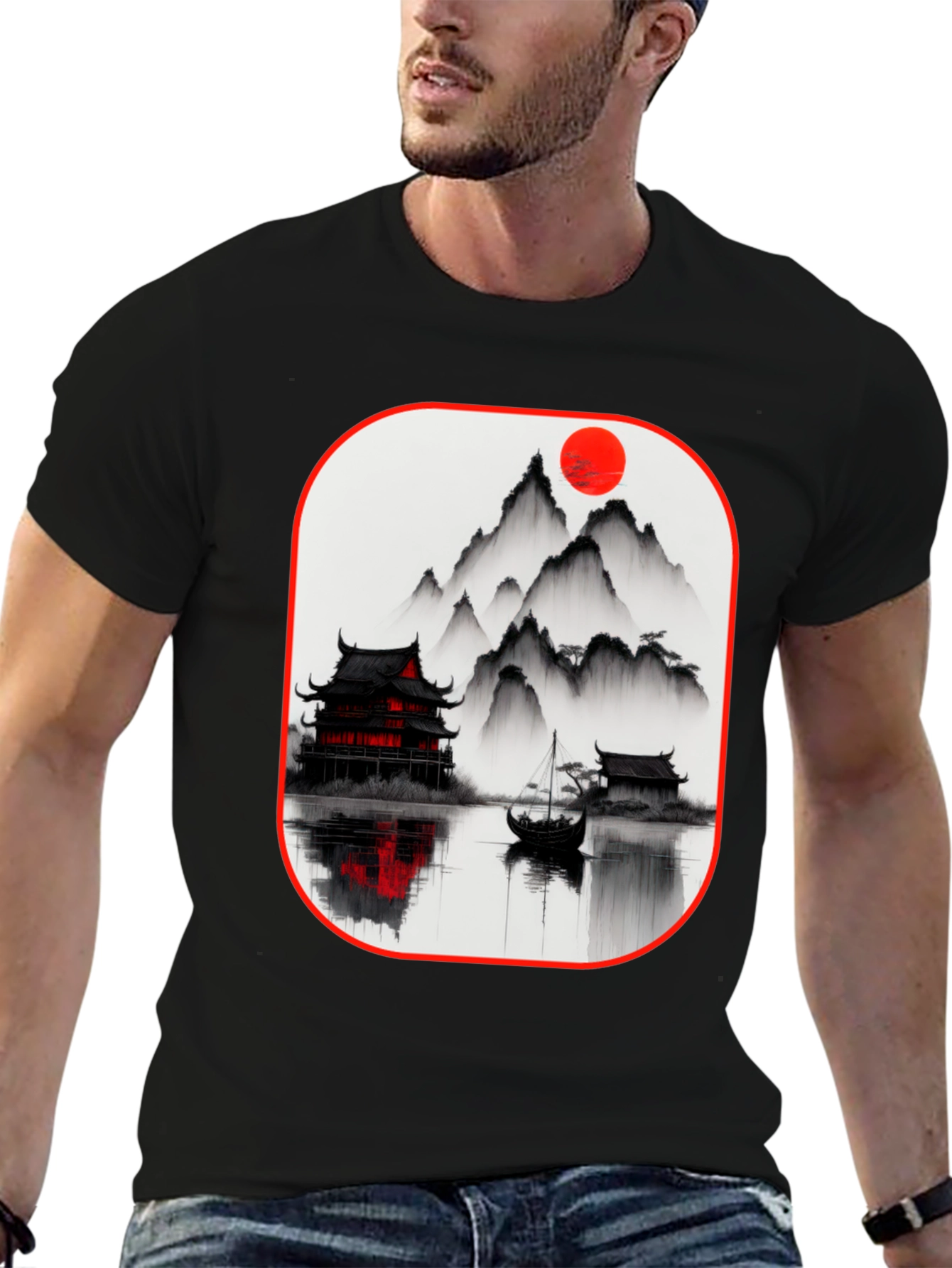 Oriental Landscape Black T-Shirt