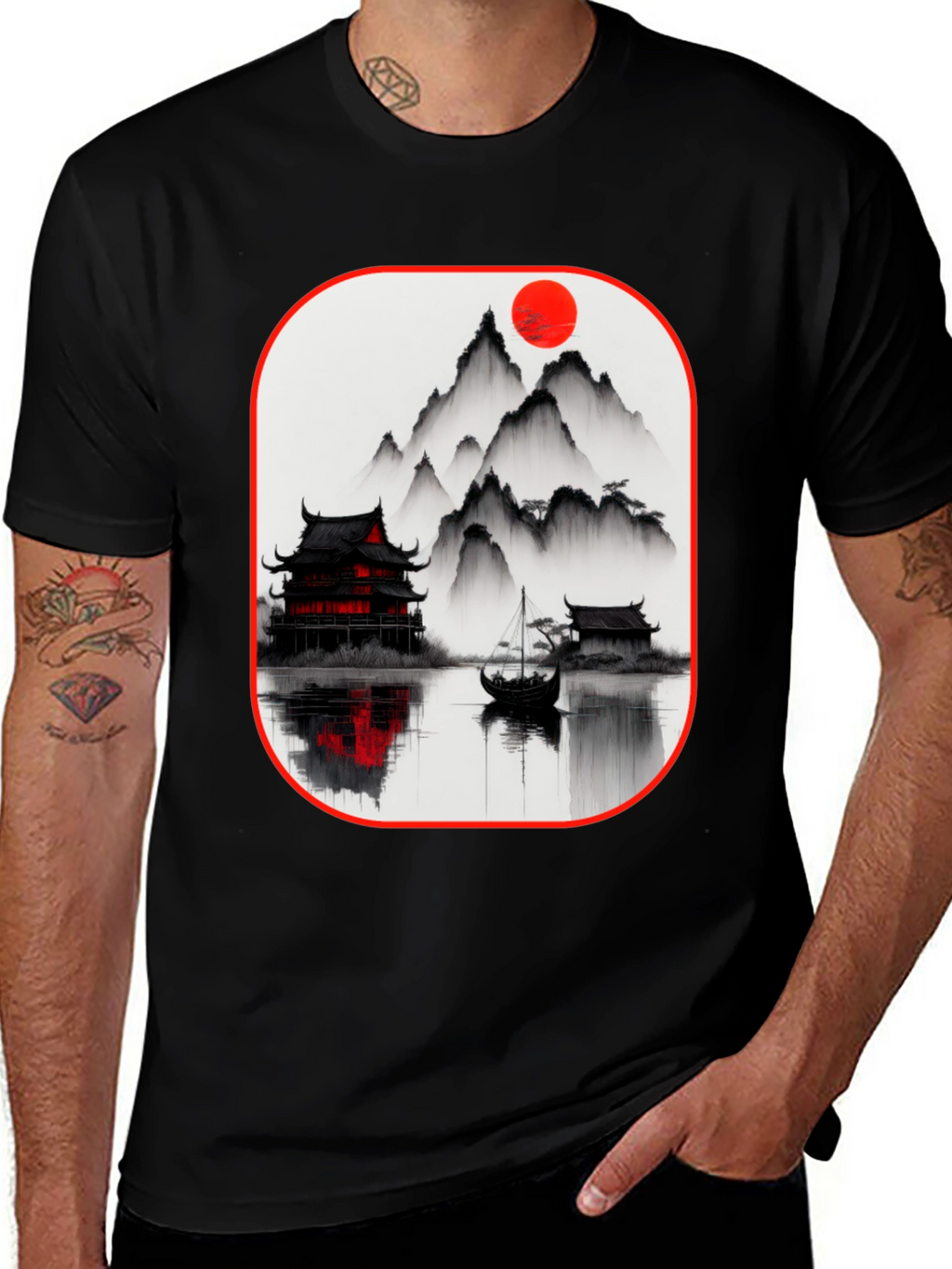 Oriental Landscape Black T-Shirt