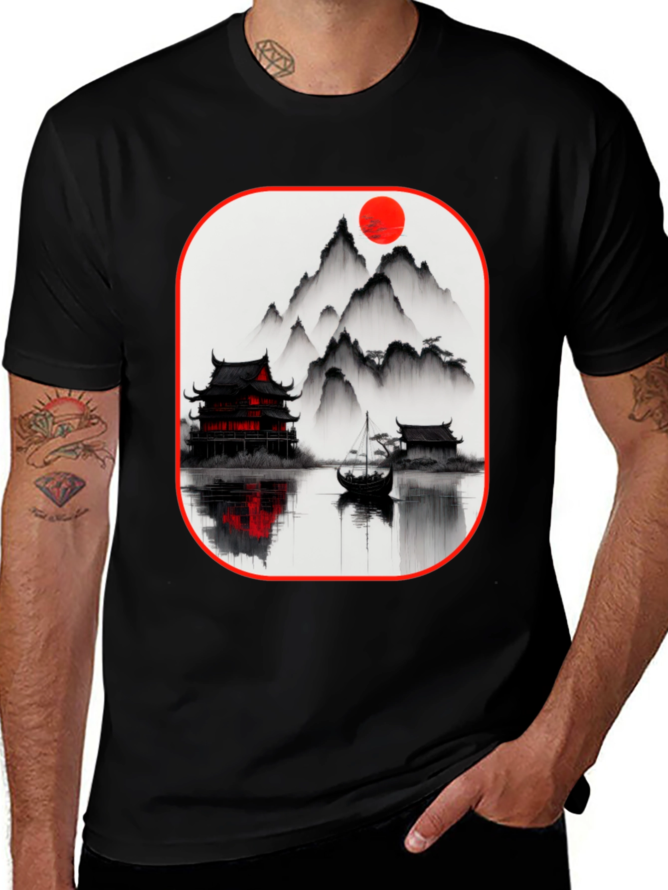 Oriental Landscape Black T-Shirt