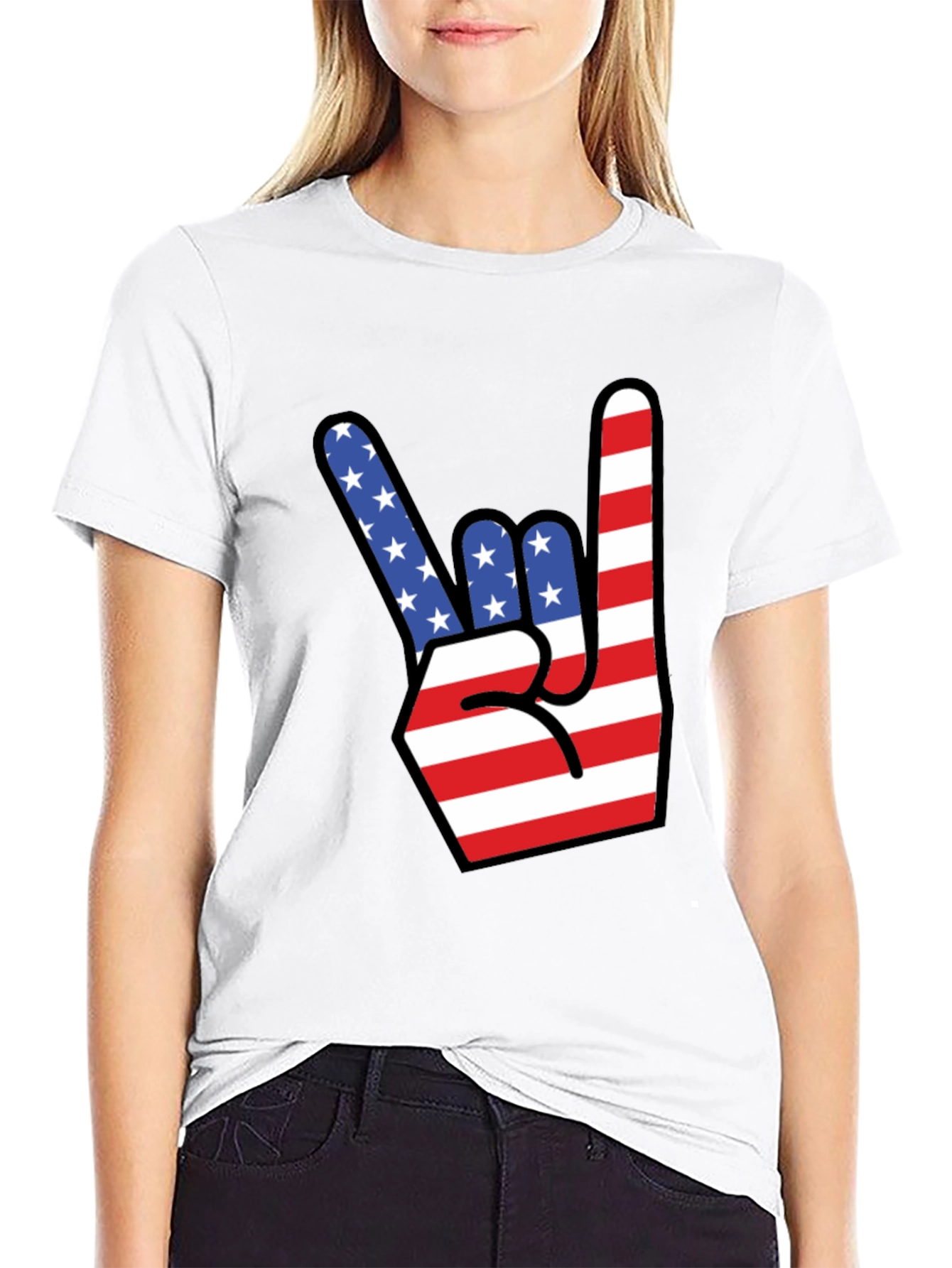 American Flag Rock On Gesture Graphic T-Shirt
