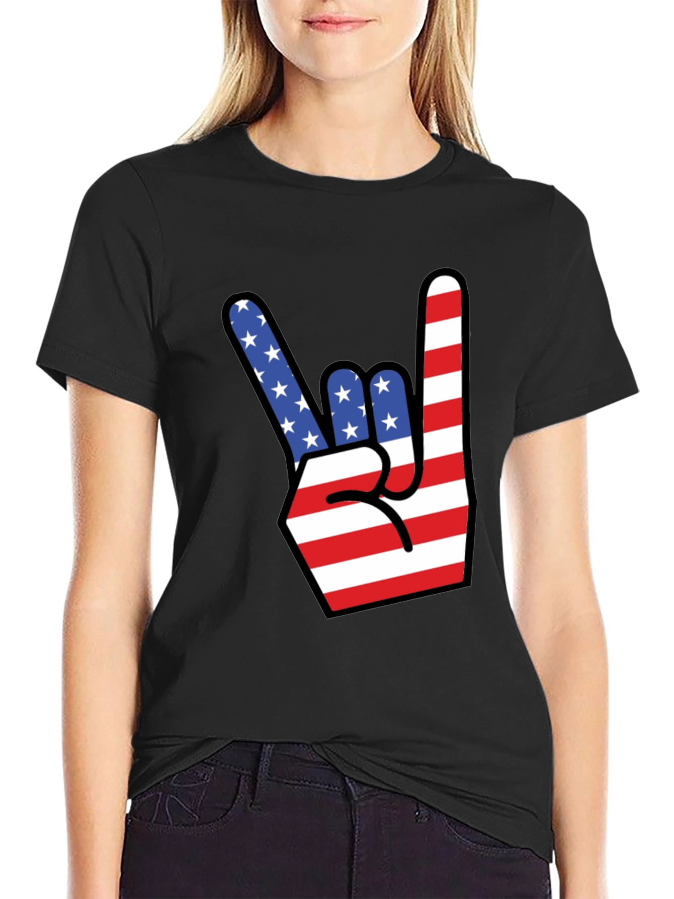 American Flag Rock On Gesture Graphic T-Shirt