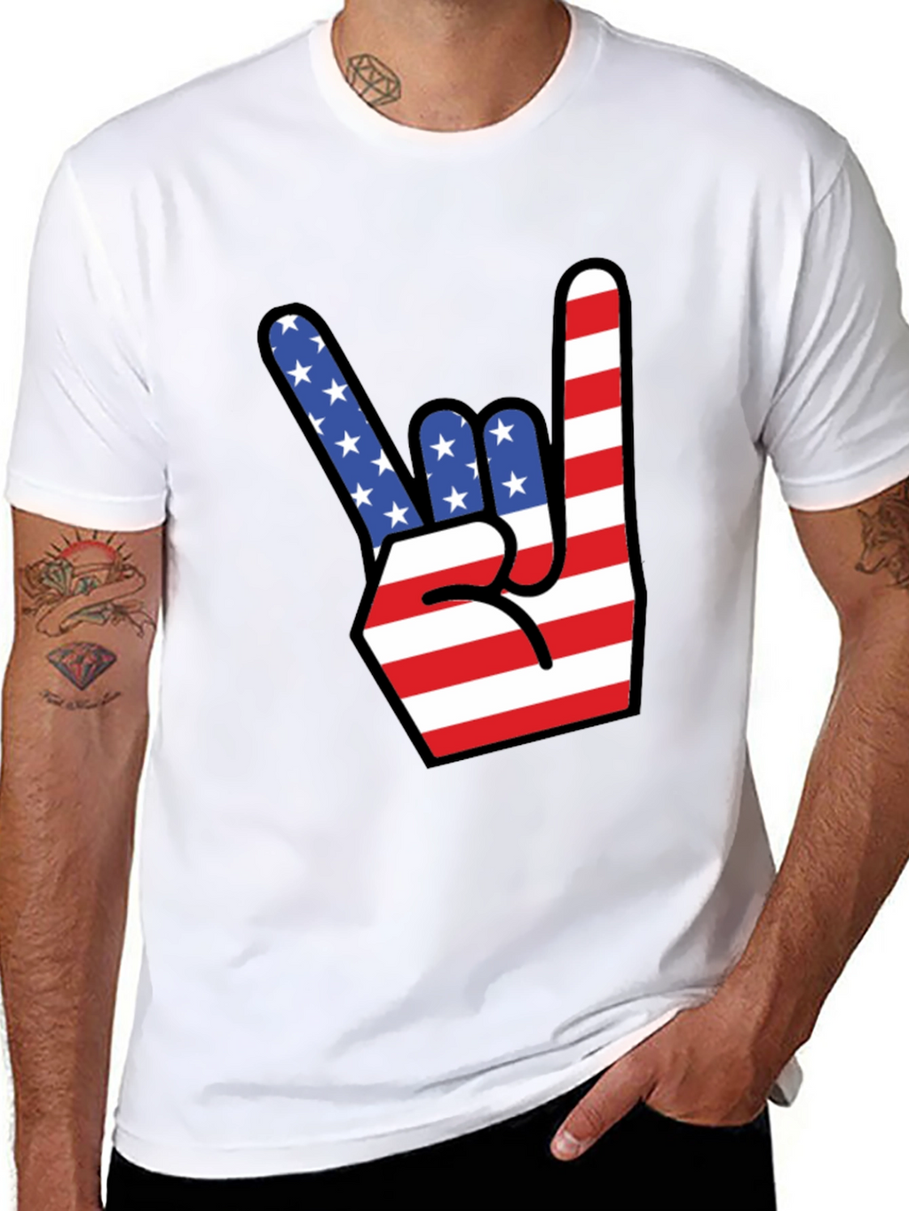 American Flag Rock On Gesture Graphic T-Shirt