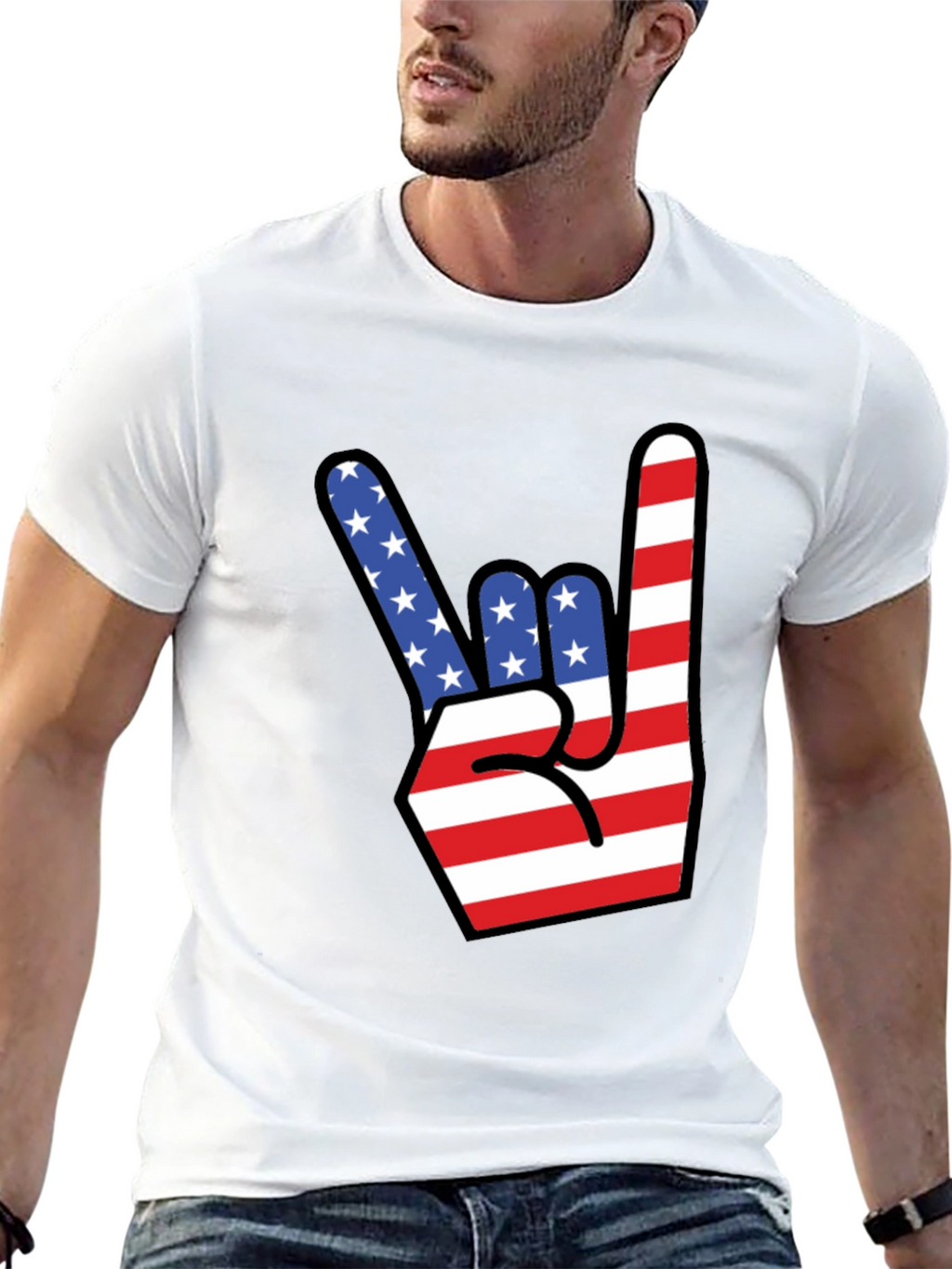 American Flag Rock On Gesture Graphic T-Shirt