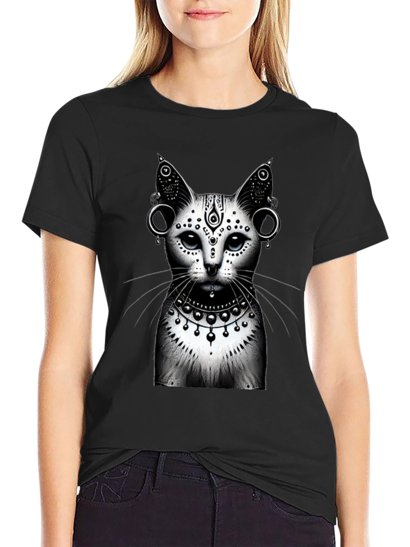 Mystic Cat Graphic Tee - Black Cotton T-Shirt