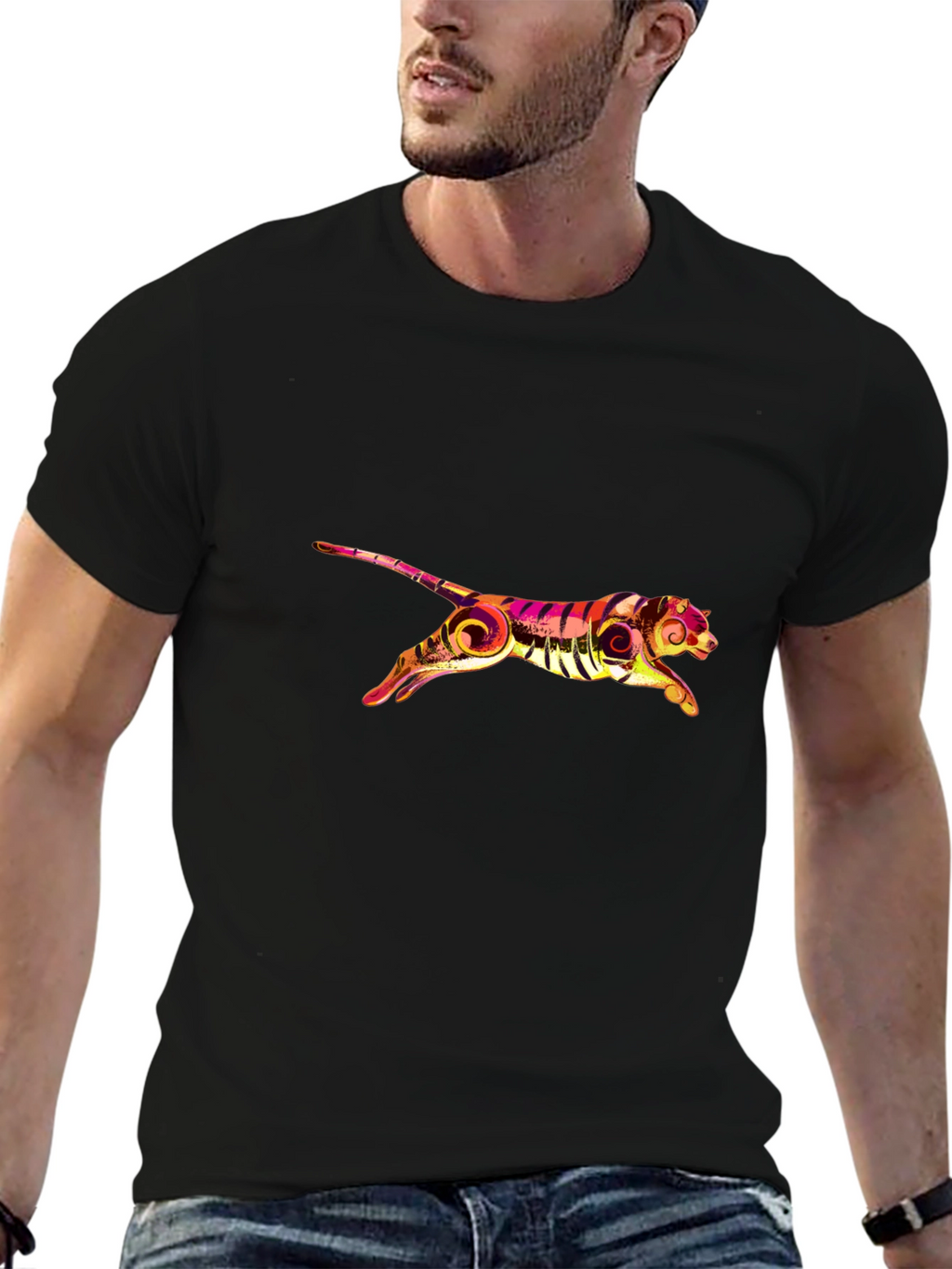 Stylish Black Tee with Graphic Tiger Print