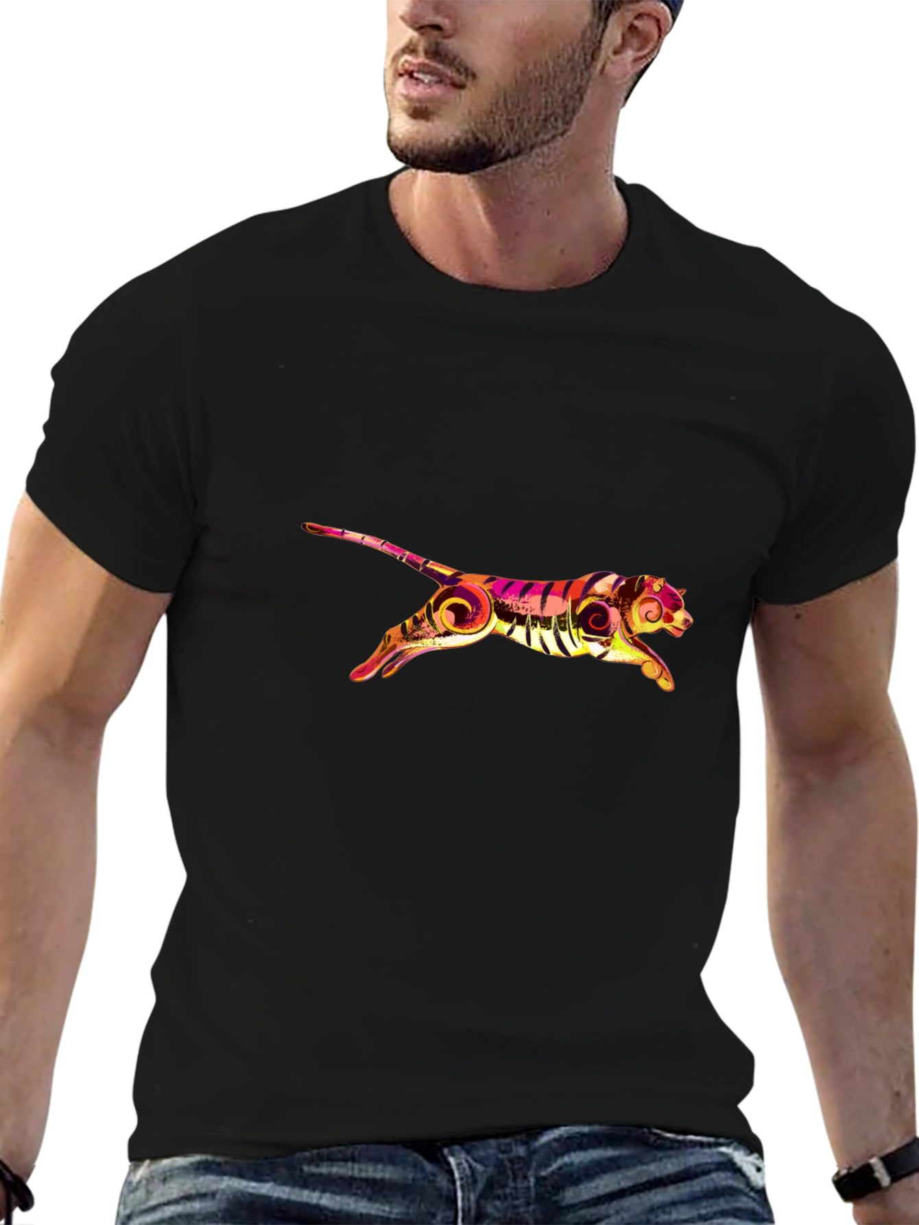 Stylish Black Tee with Graphic Tiger Print