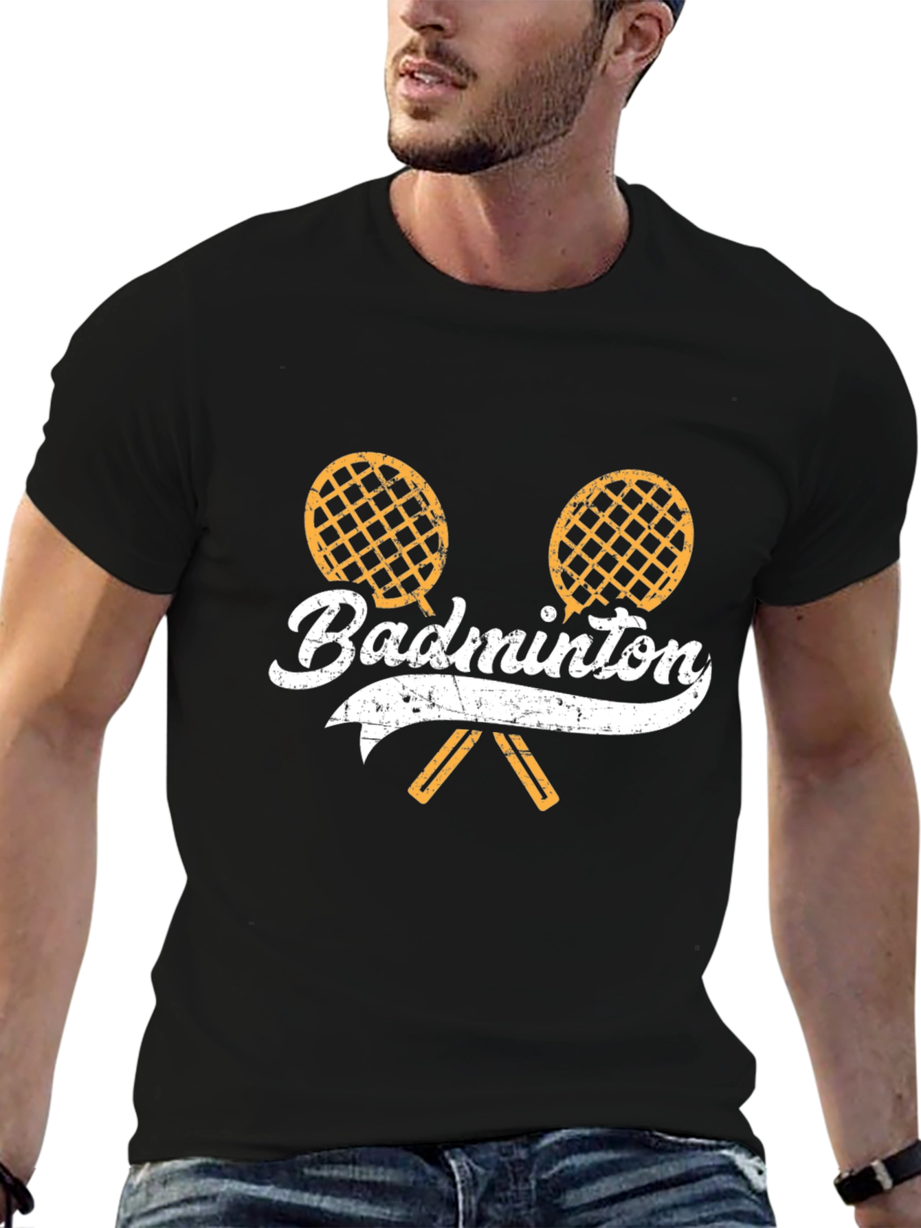 Badminton Racket Graphic T-Shirt - Sporty Black Tee