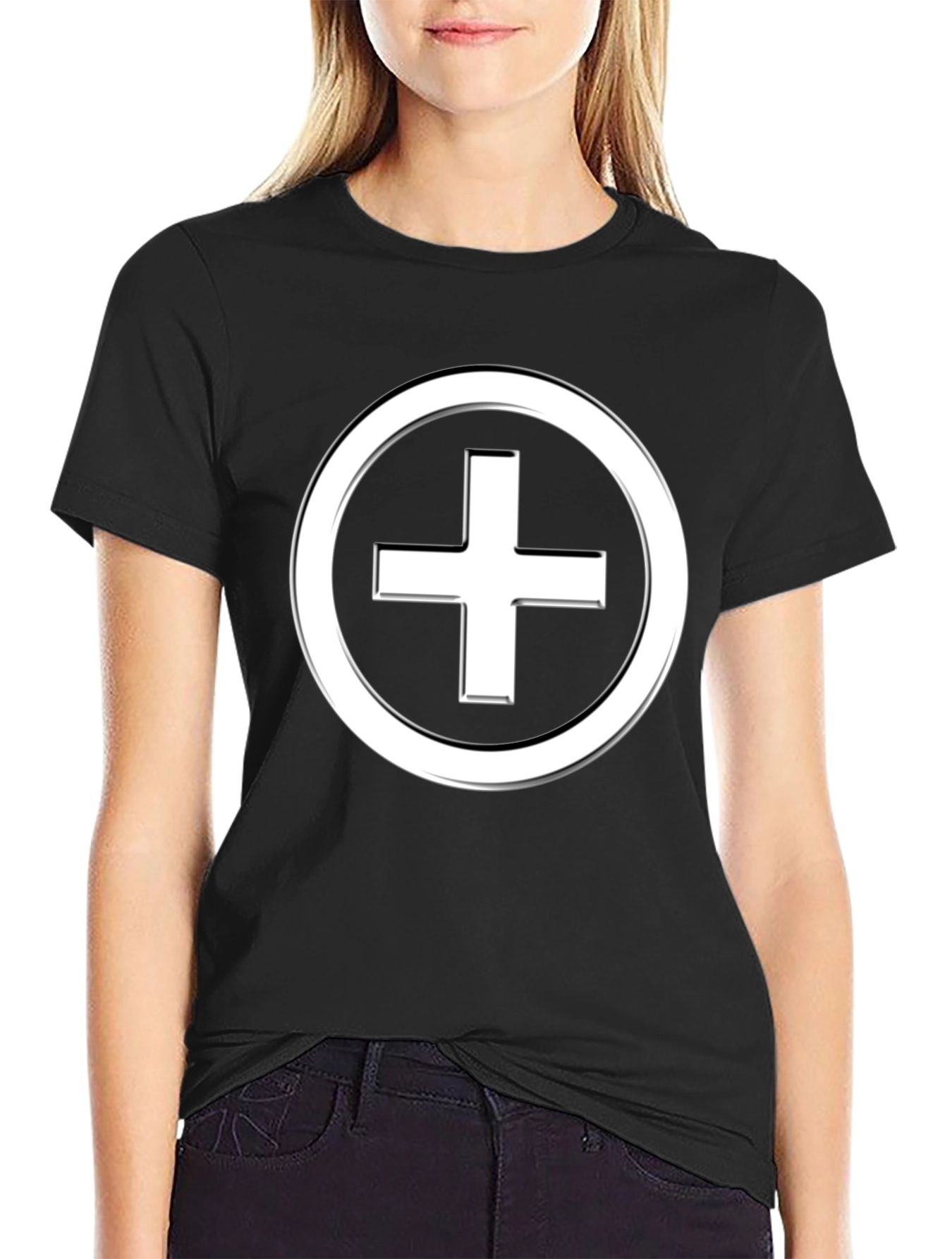 Minimalist Plus Sign T-Shirt - Black Cotton Blend