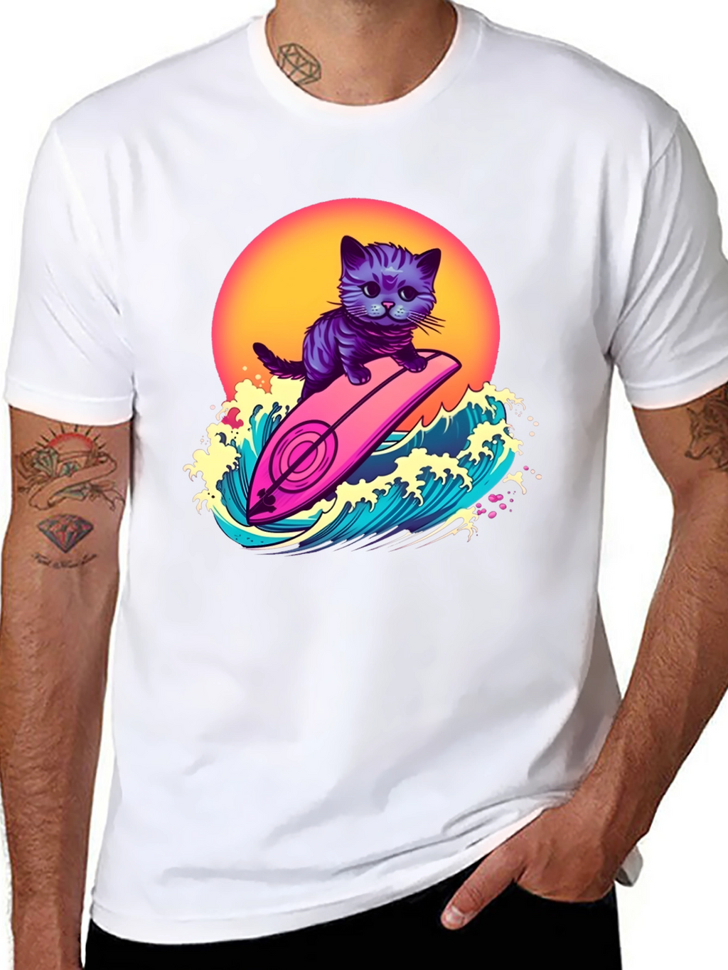 Cool Cat Surfer T-Shirt - Retro Wave Style