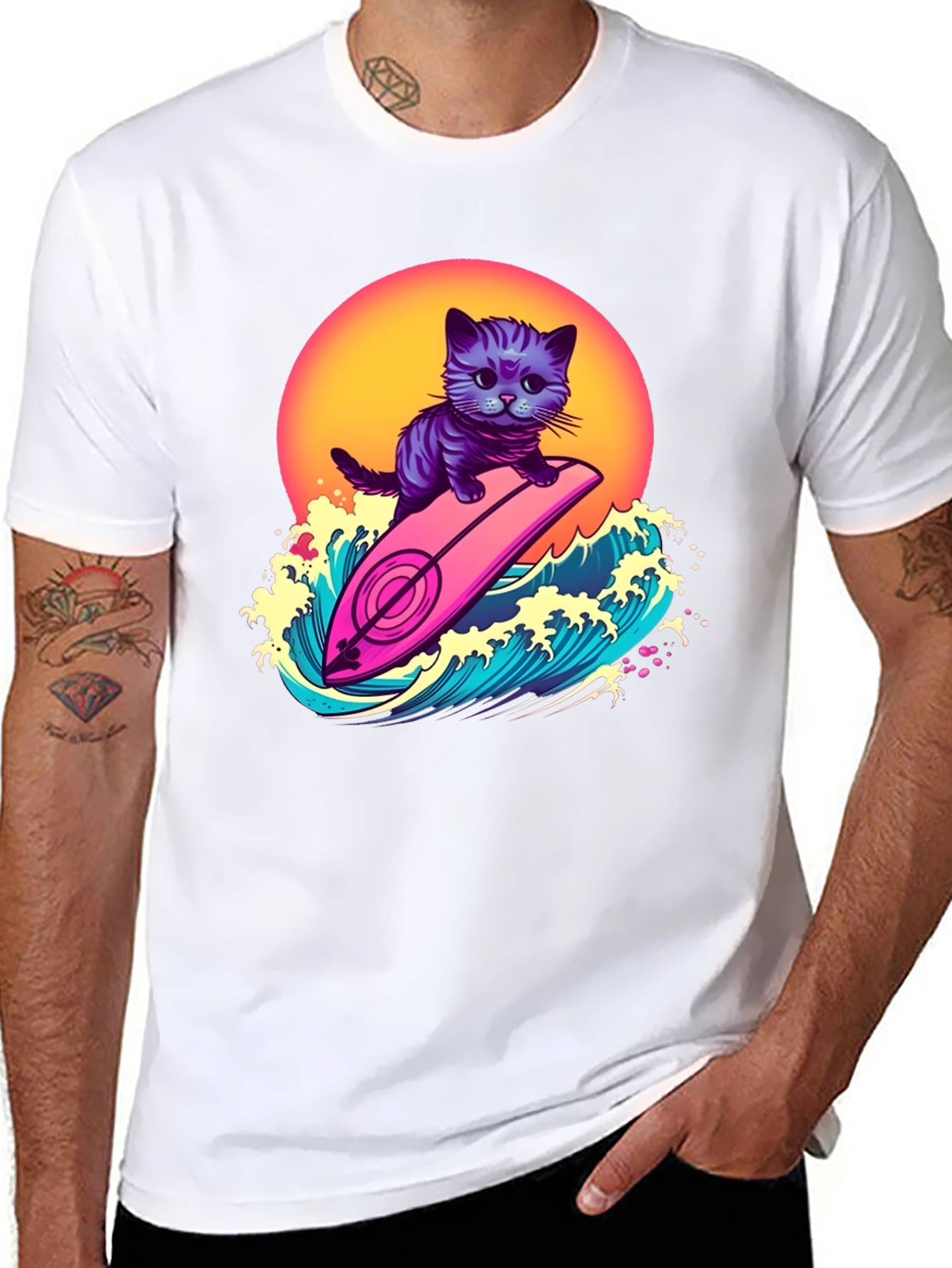 Cool Cat Surfer T-Shirt - Retro Wave Style