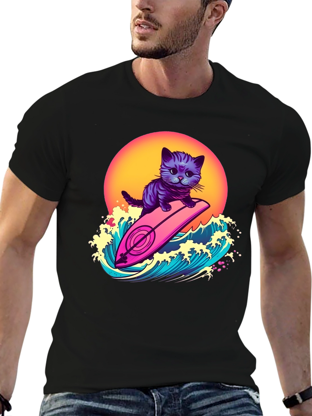 Cool Cat Surfer T-Shirt - Retro Wave Style