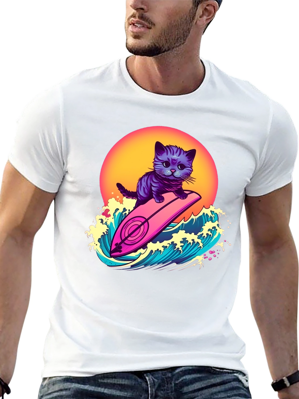 Cool Cat Surfer T-Shirt - Retro Wave Style