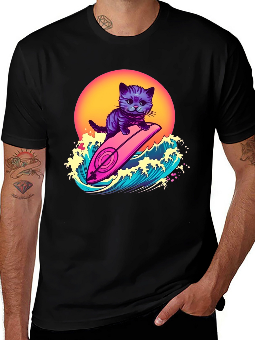 Cool Cat Surfer T-Shirt - Retro Wave Style