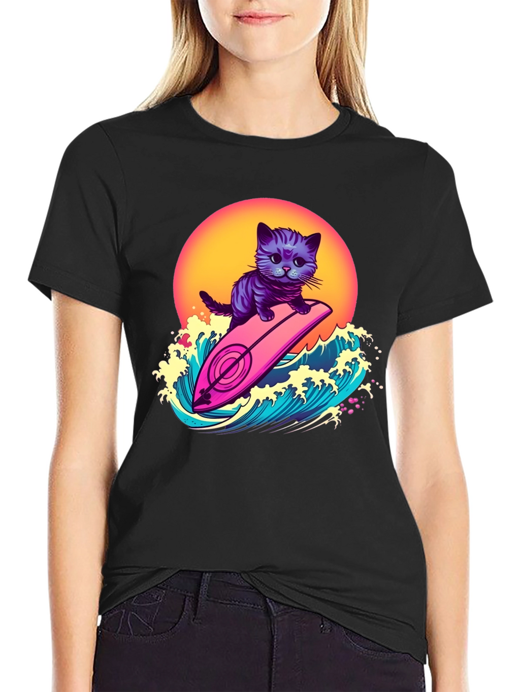 Cool Cat Surfer T-Shirt - Retro Wave Style