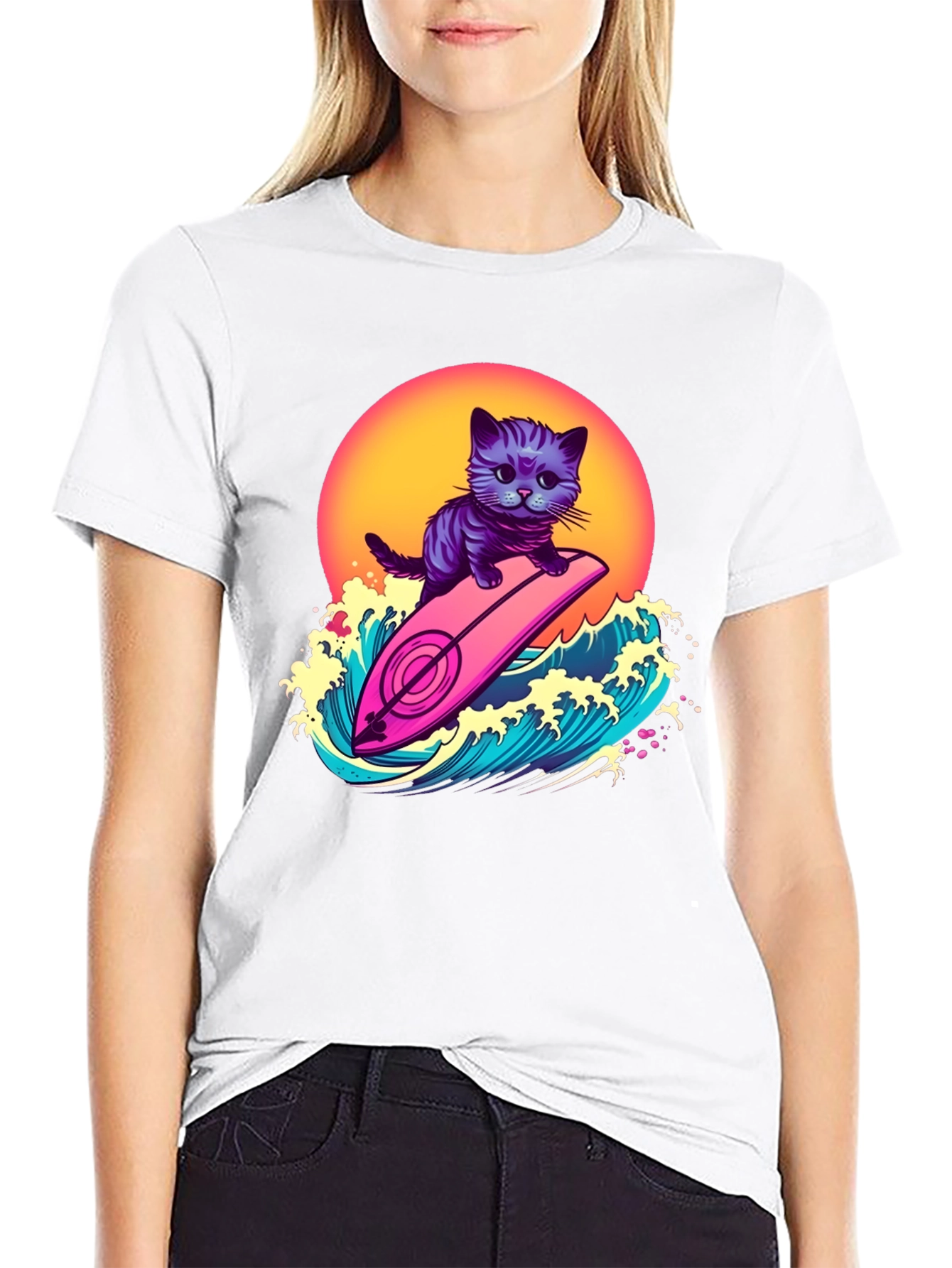 Cool Cat Surfer T-Shirt - Retro Wave Style
