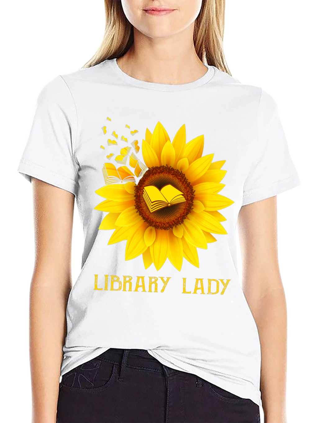 Library Lady Sunflower Book T-Shirt