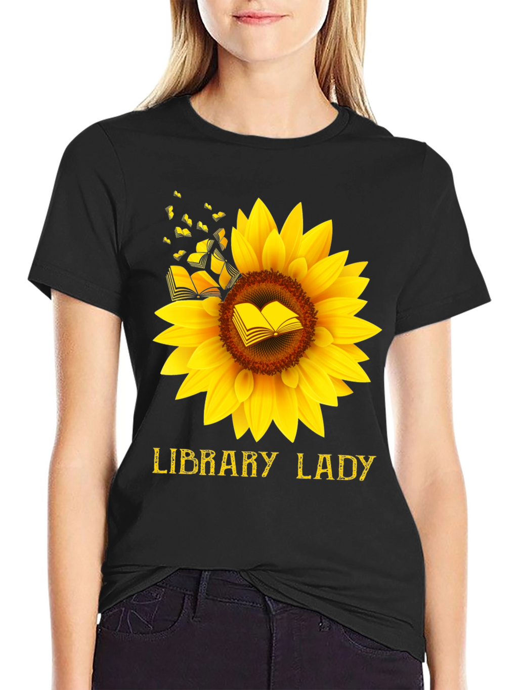 Library Lady Sunflower Book T-Shirt