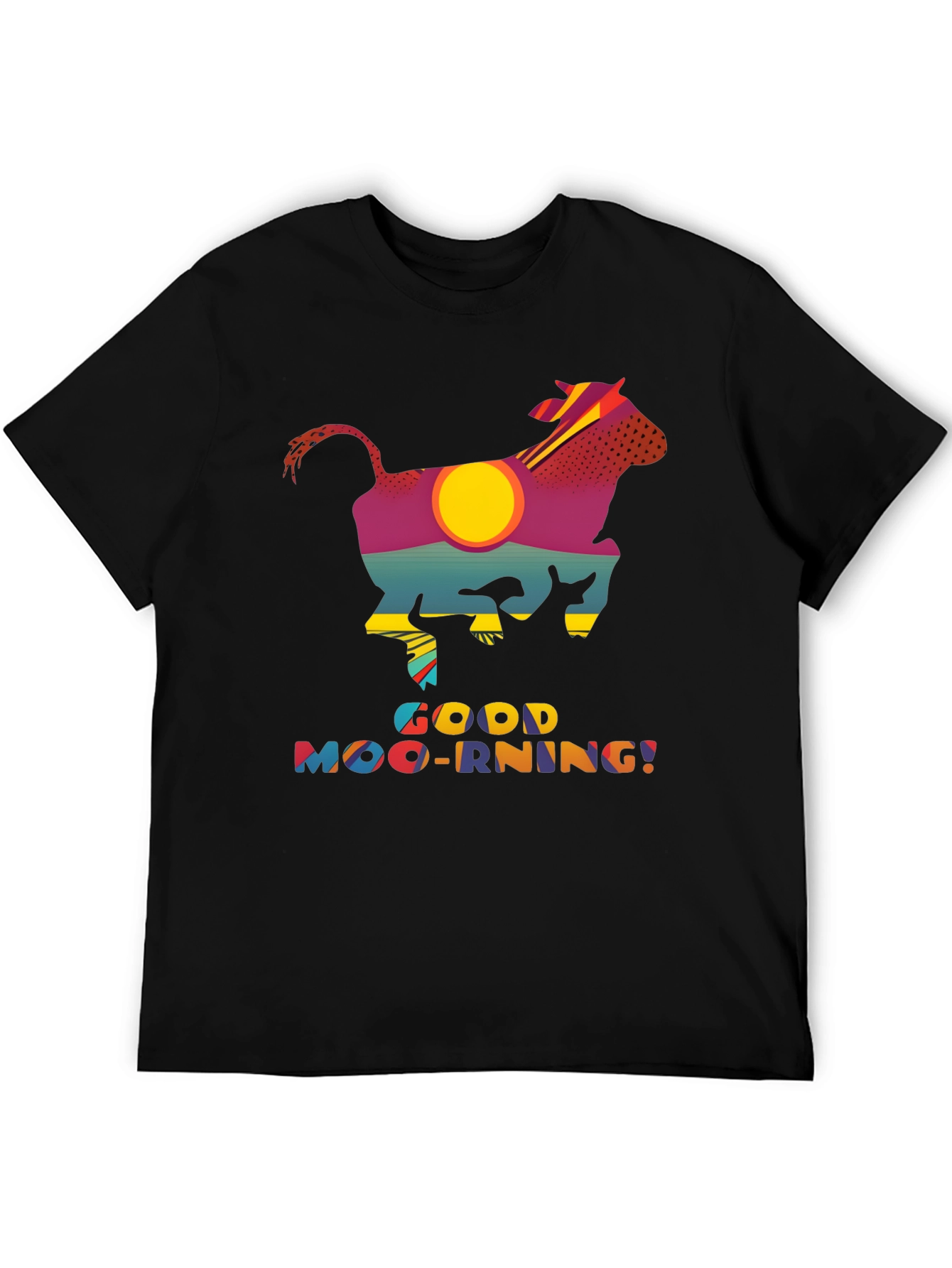 Good Moo-rning T-Shirt - Novelty Cow Sunrise Design