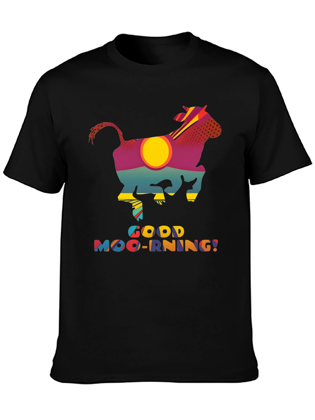 Good Moo-rning T-Shirt - Novelty Cow Sunrise Design