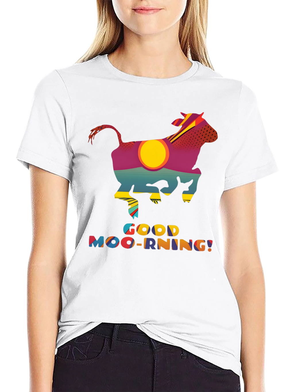 Good Moo-rning T-Shirt - Novelty Cow Sunrise Design