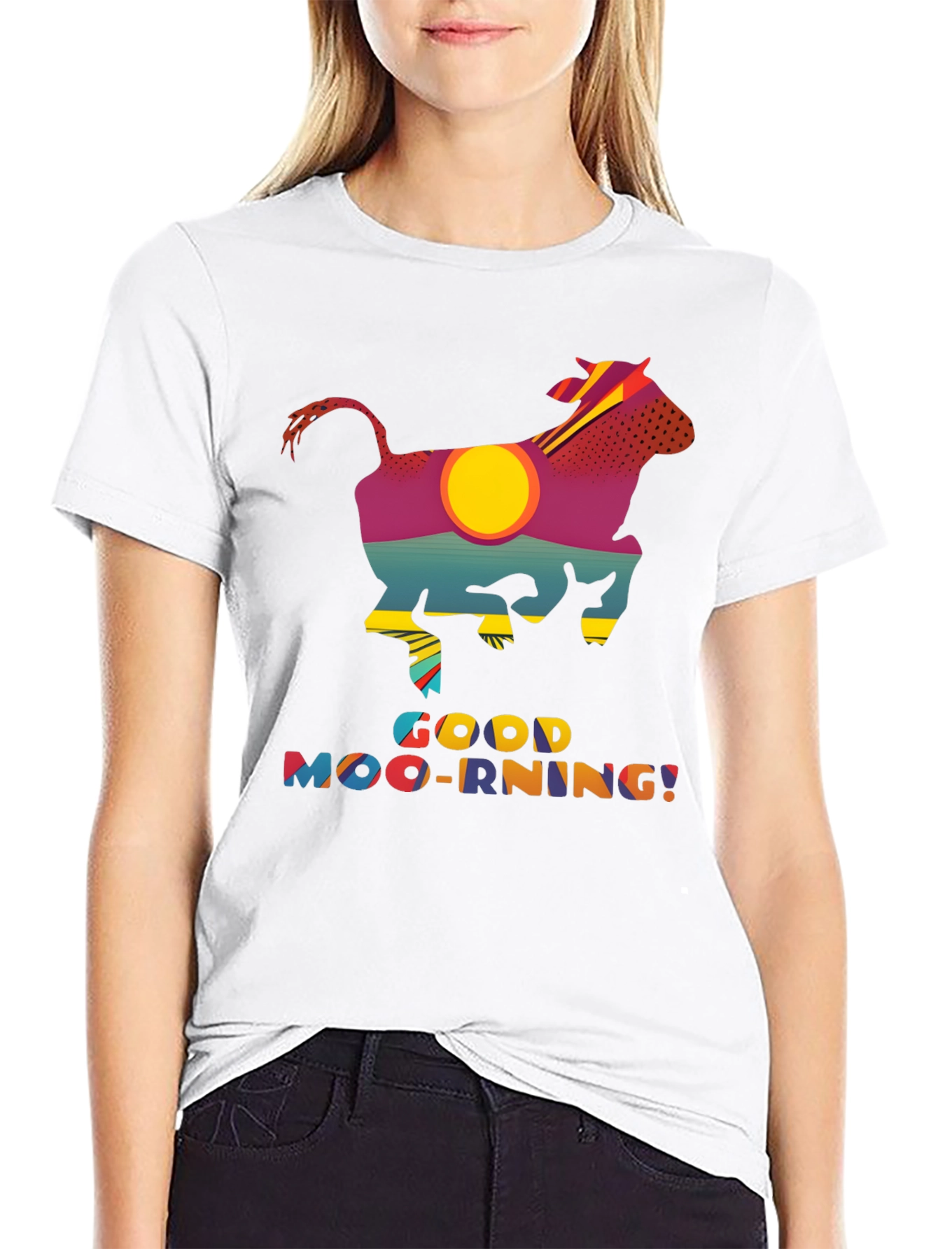 Good Moo-rning T-Shirt - Novelty Cow Sunrise Design