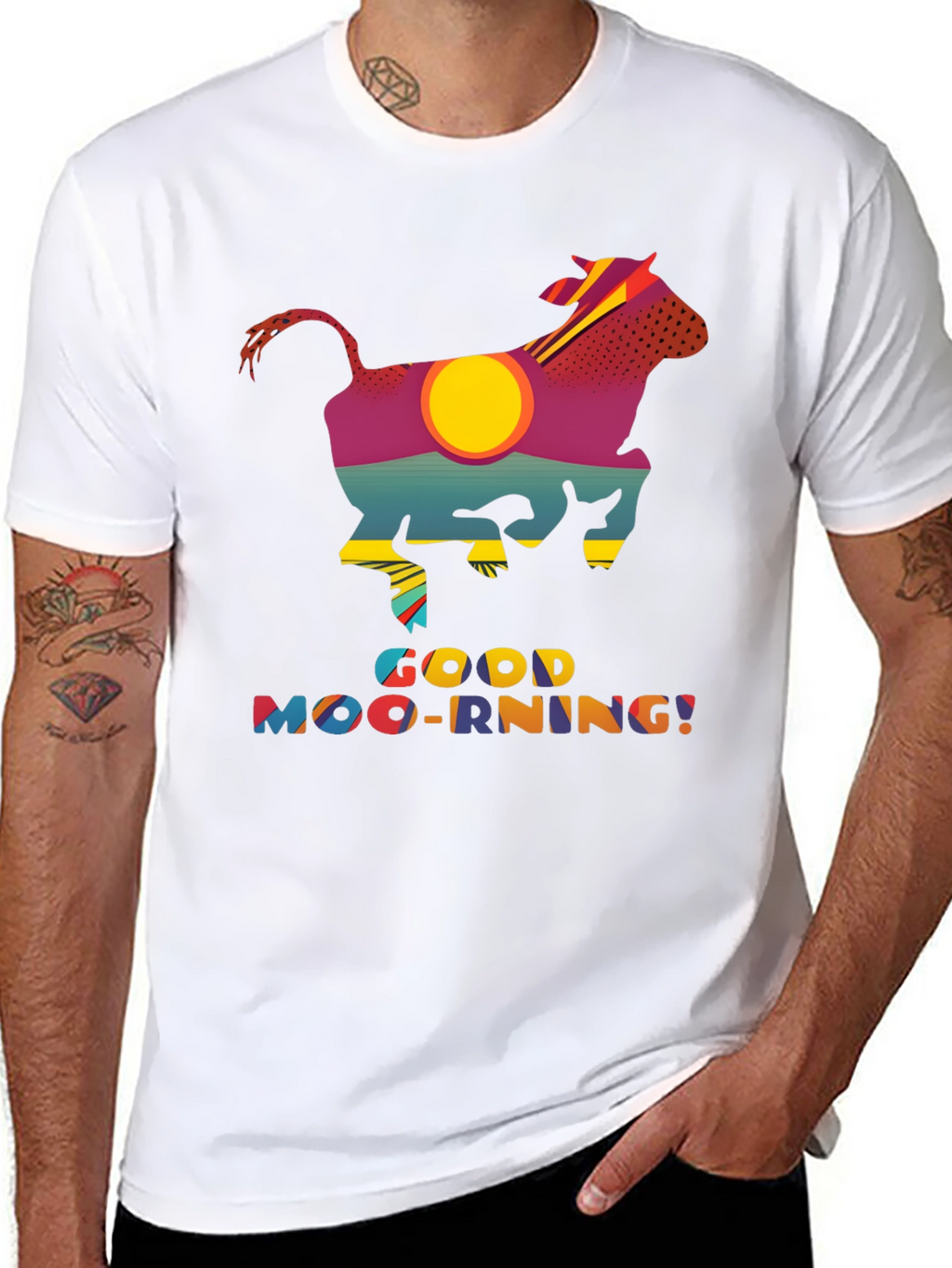 Good Moo-rning T-Shirt - Novelty Cow Sunrise Design