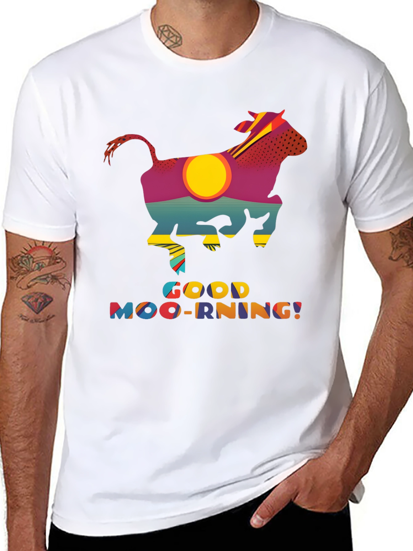 Good Moo-rning T-Shirt - Novelty Cow Sunrise Design