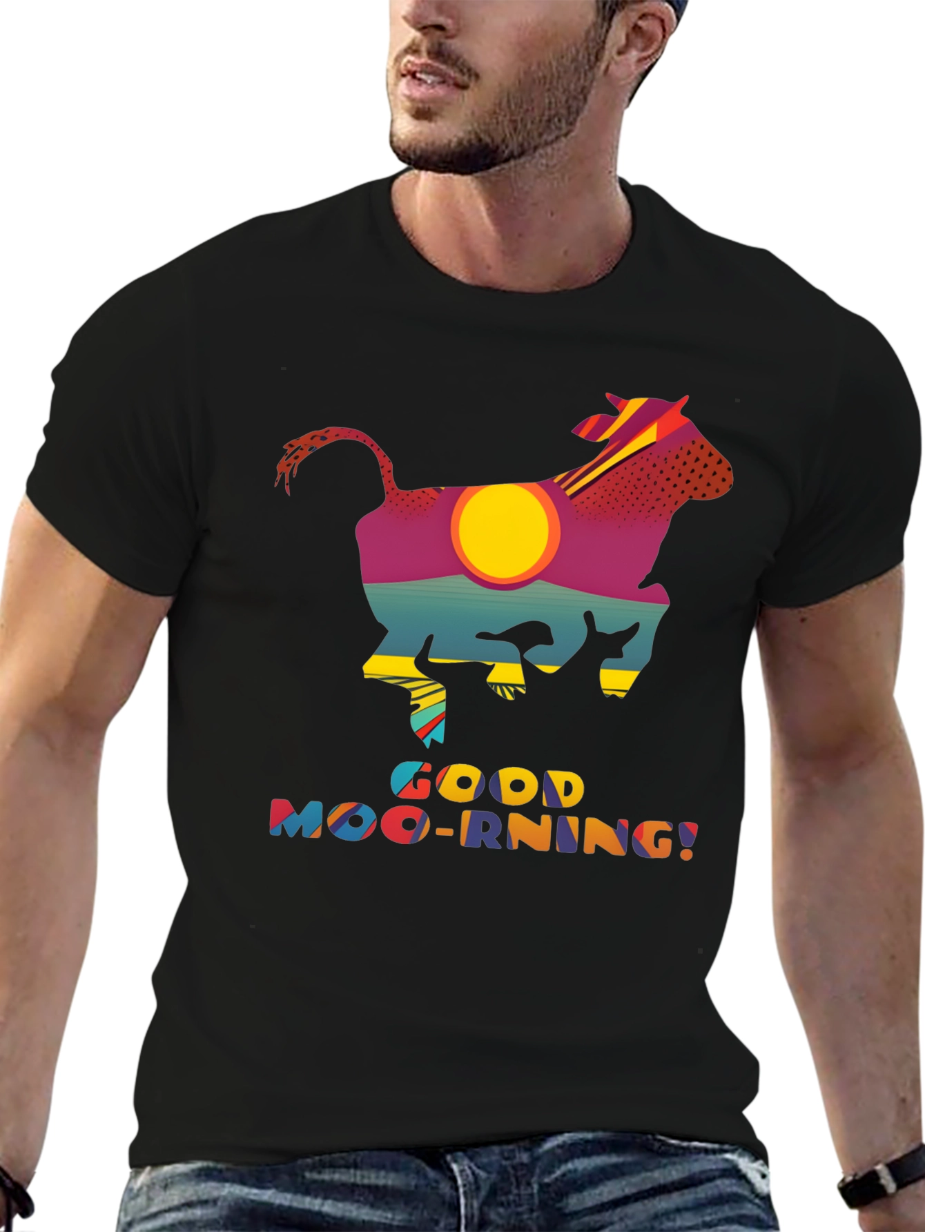 Good Moo-rning T-Shirt - Novelty Cow Sunrise Design