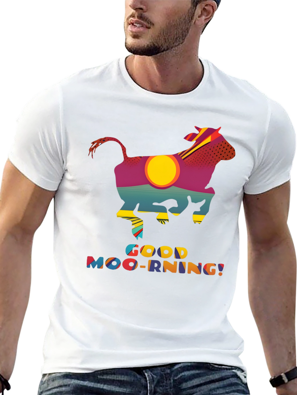 Good Moo-rning T-Shirt - Novelty Cow Sunrise Design