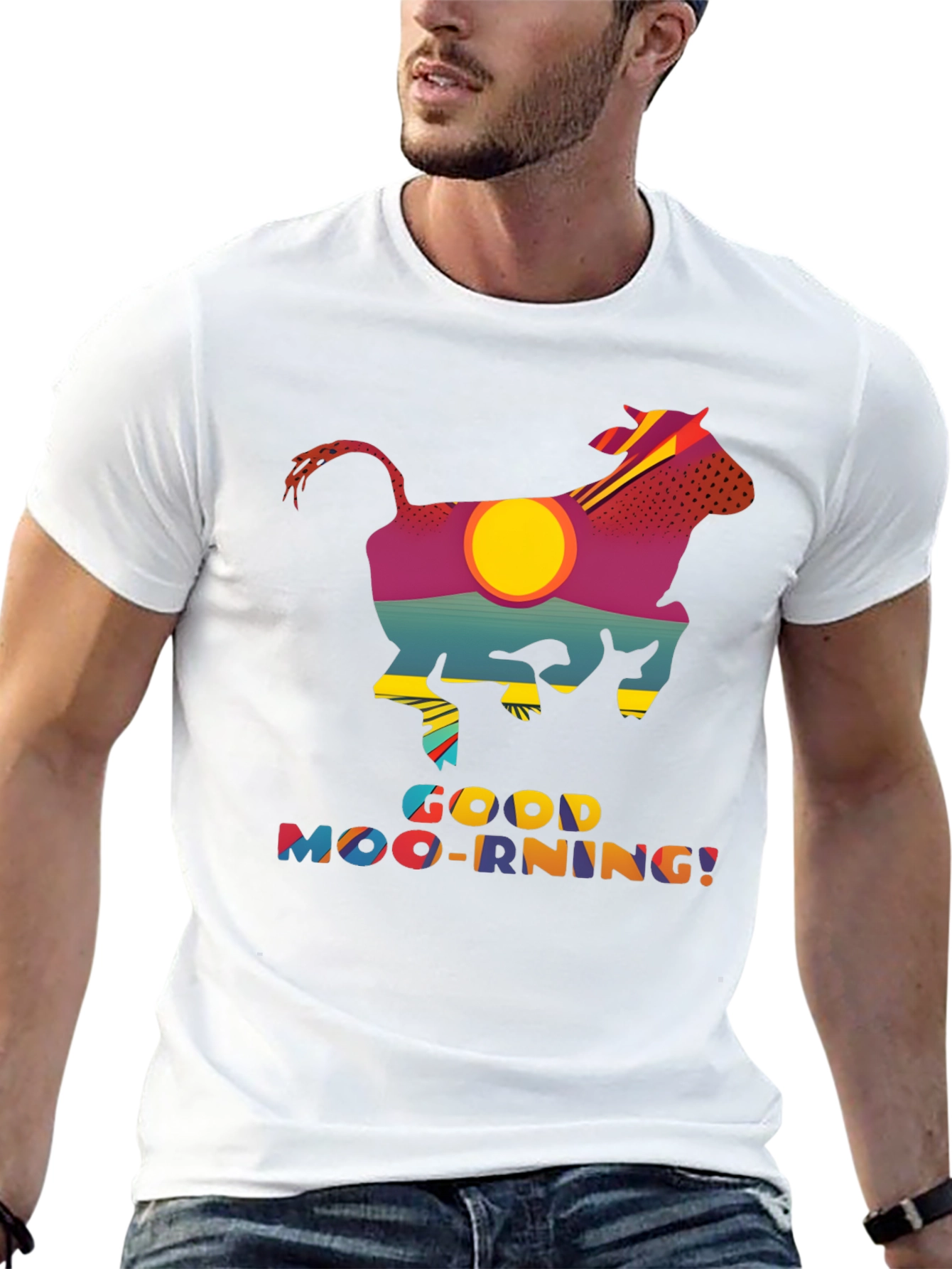 Good Moo-rning T-Shirt - Novelty Cow Sunrise Design