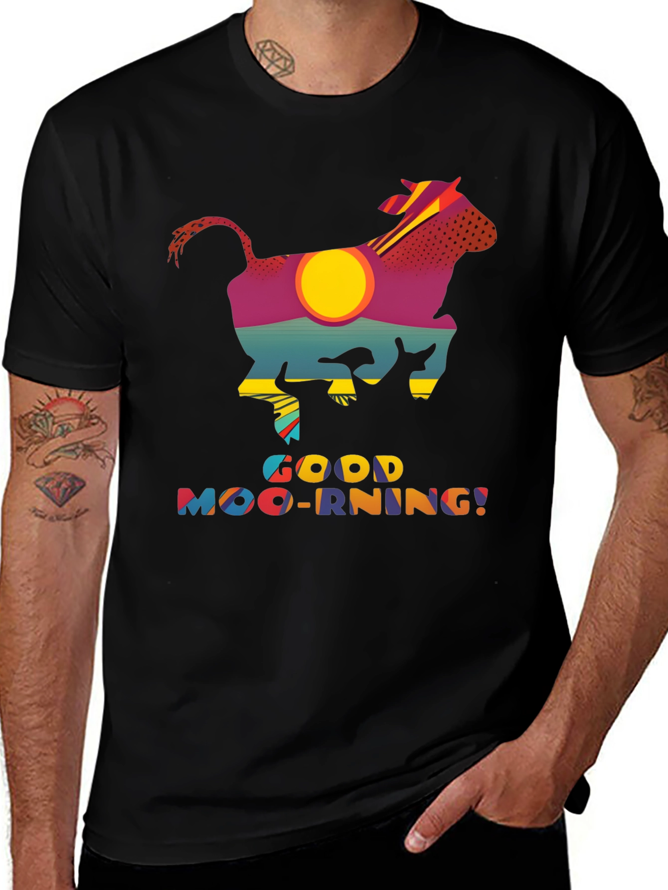 Good Moo-rning T-Shirt - Novelty Cow Sunrise Design