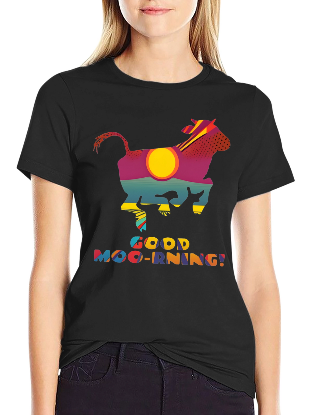 Good Moo-rning T-Shirt - Novelty Cow Sunrise Design