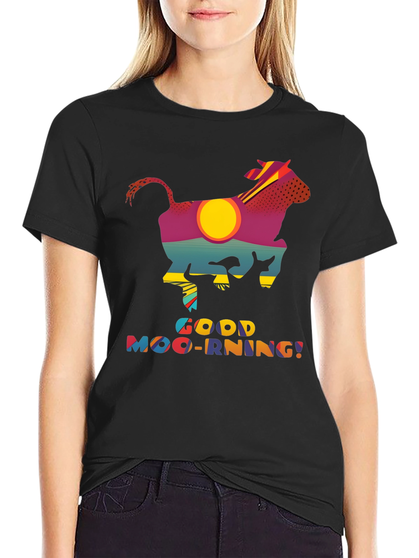 Good Moo-rning T-Shirt - Novelty Cow Sunrise Design