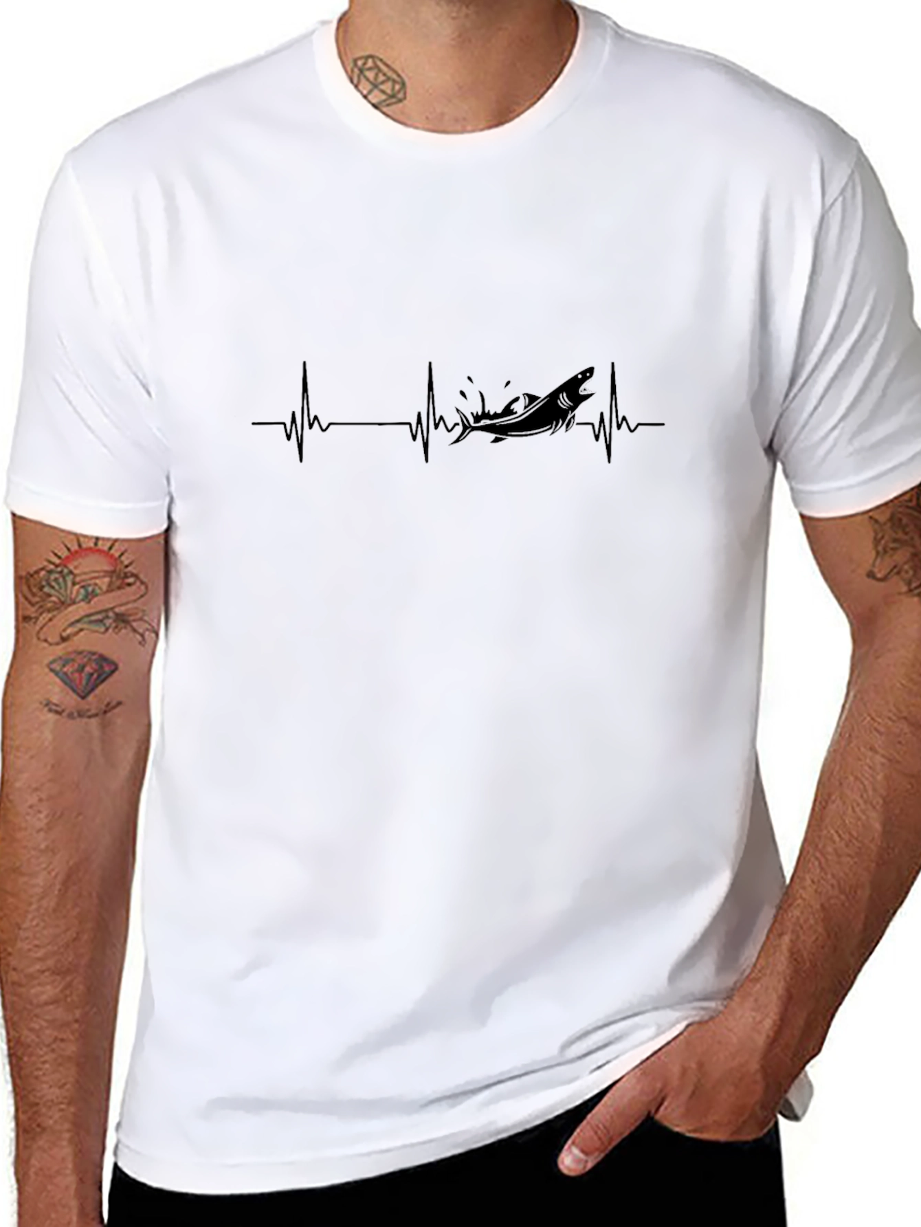 Shark Heartbeat Graphic Tee - Black Cotton T-Shirt
