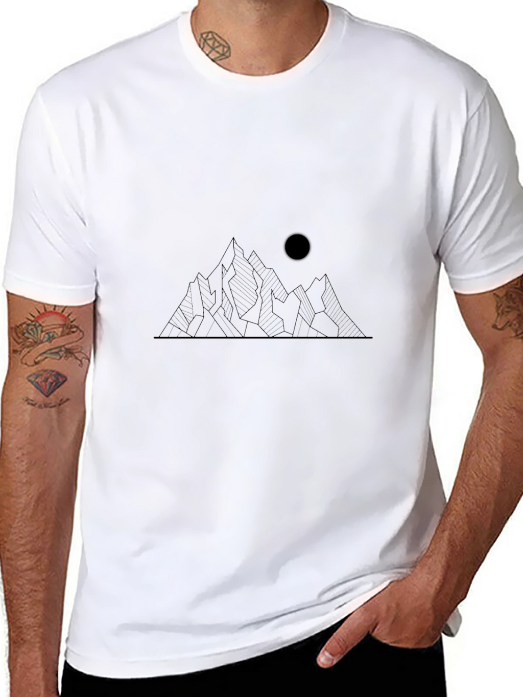 Minimalist Mountain and Moon Graphic Black T-Shirt
