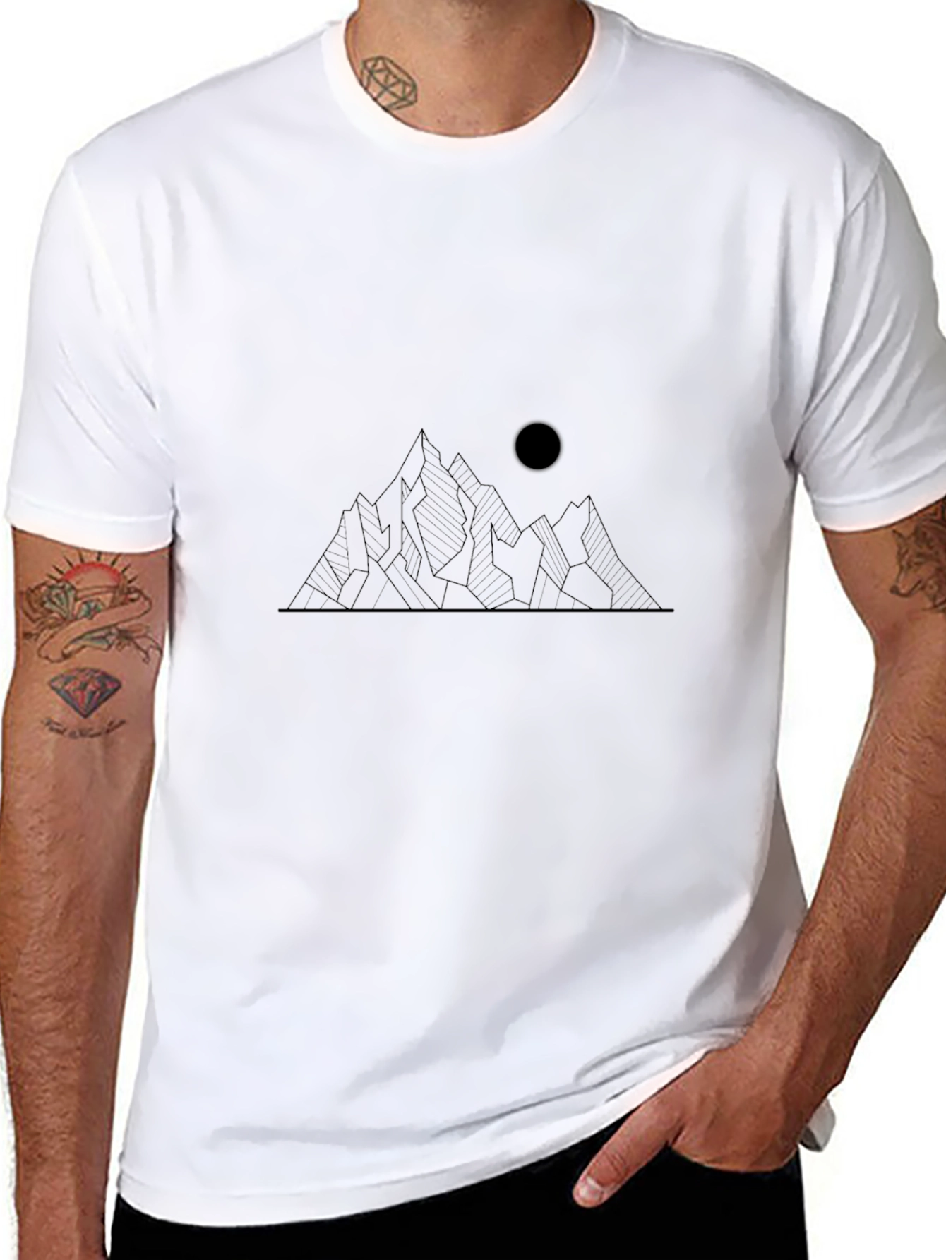 Minimalist Mountain and Moon Graphic Black T-Shirt