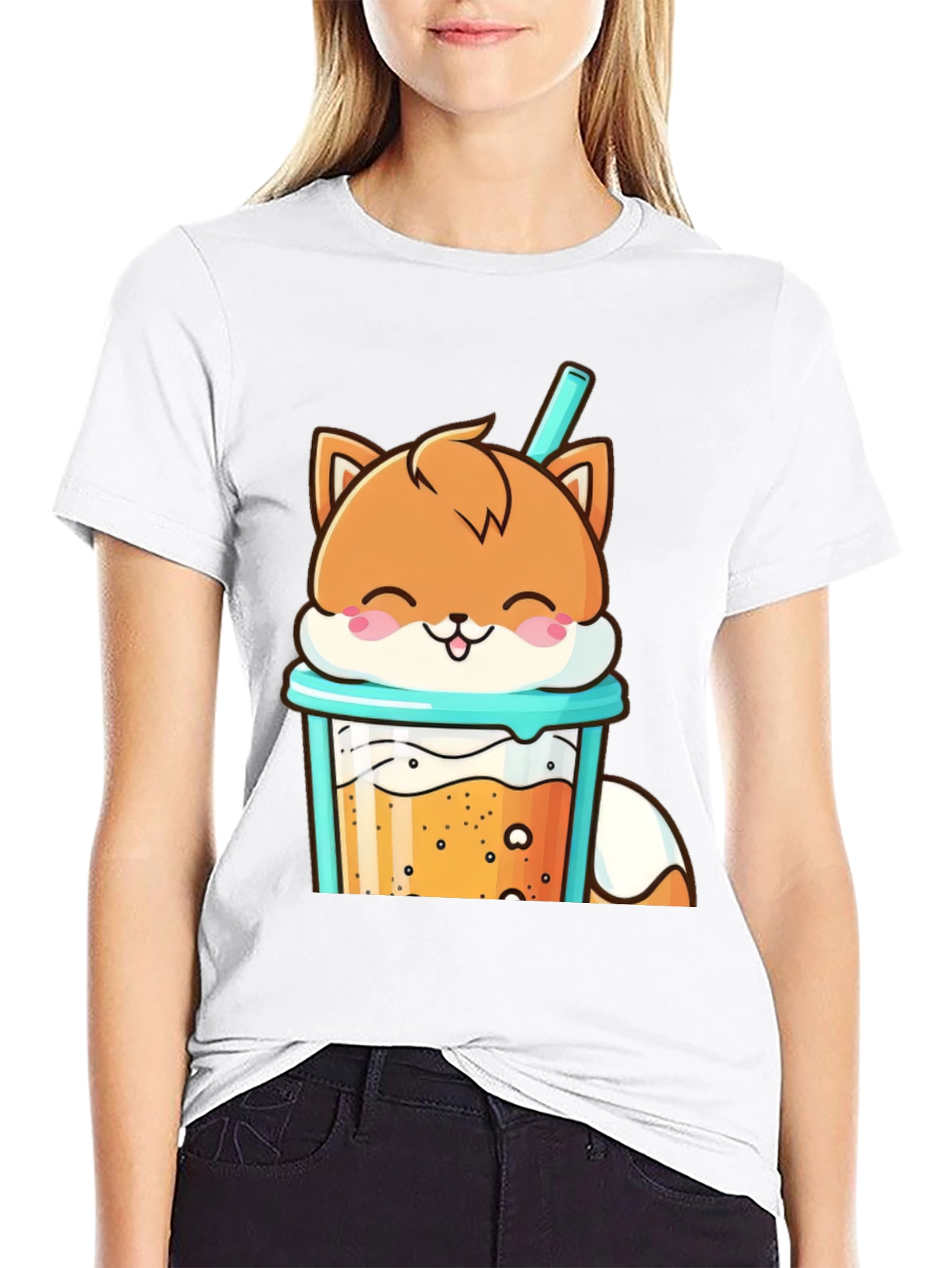Cute Fox Boba Tea Graphic T-Shirt