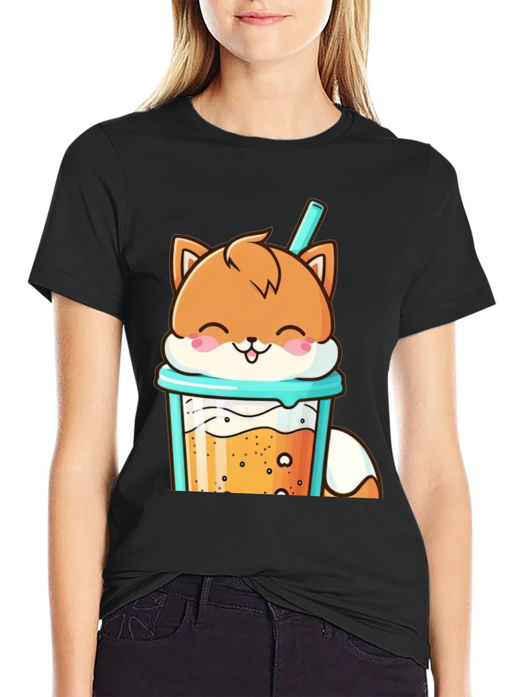 Cute Fox Boba Tea Graphic T-Shirt