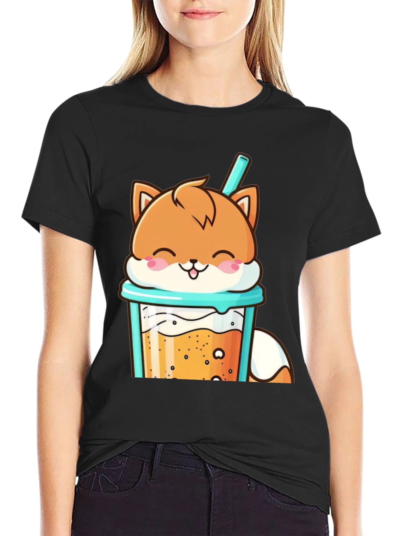 Cute Fox Boba Tea Graphic T-Shirt