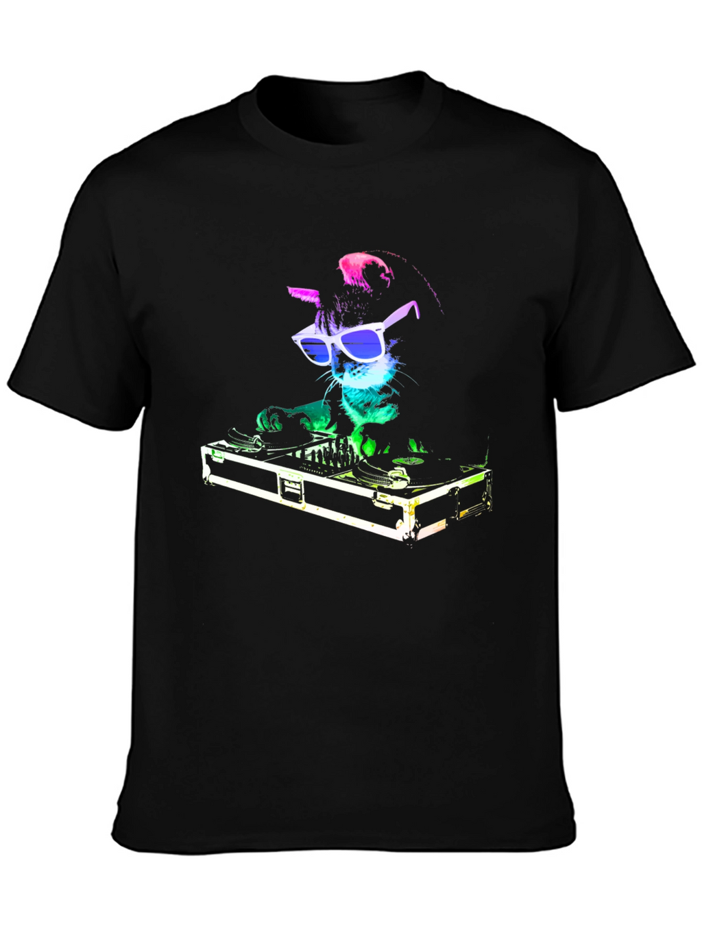DJ Cat Graphic T-Shirt - Black Cotton Blend