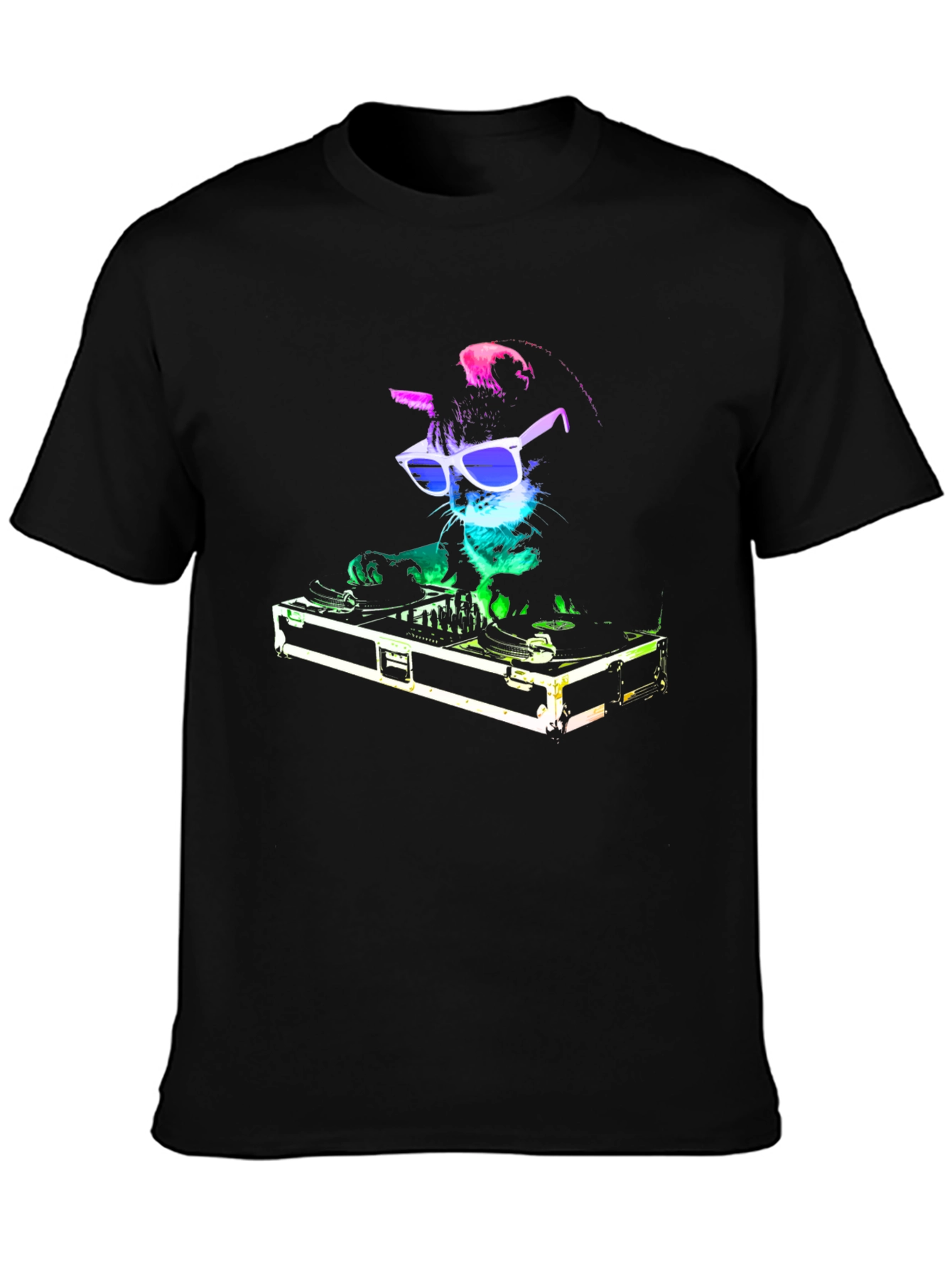 DJ Cat Graphic T-Shirt - Black Cotton Blend