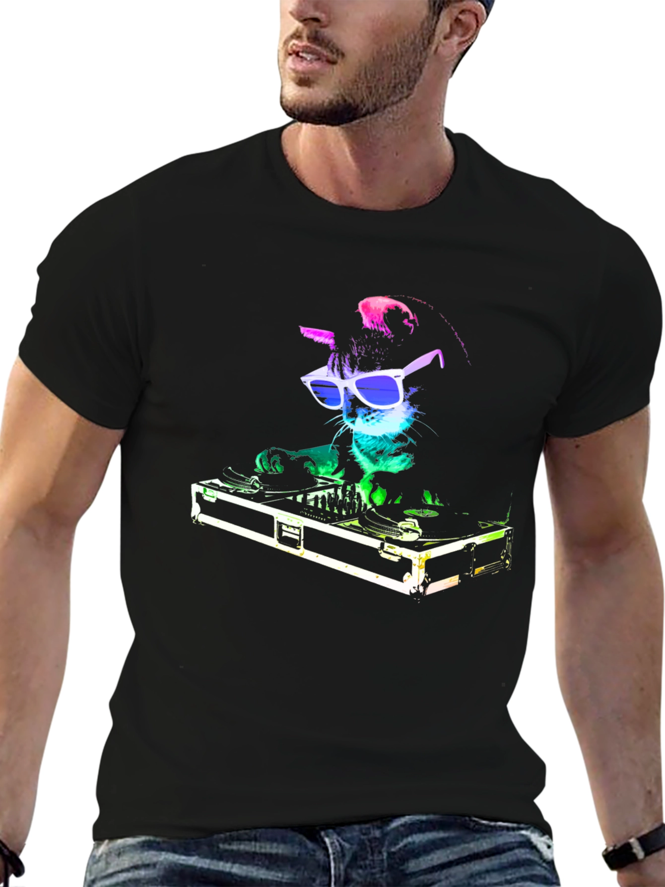 DJ Cat Graphic T-Shirt - Black Cotton Blend