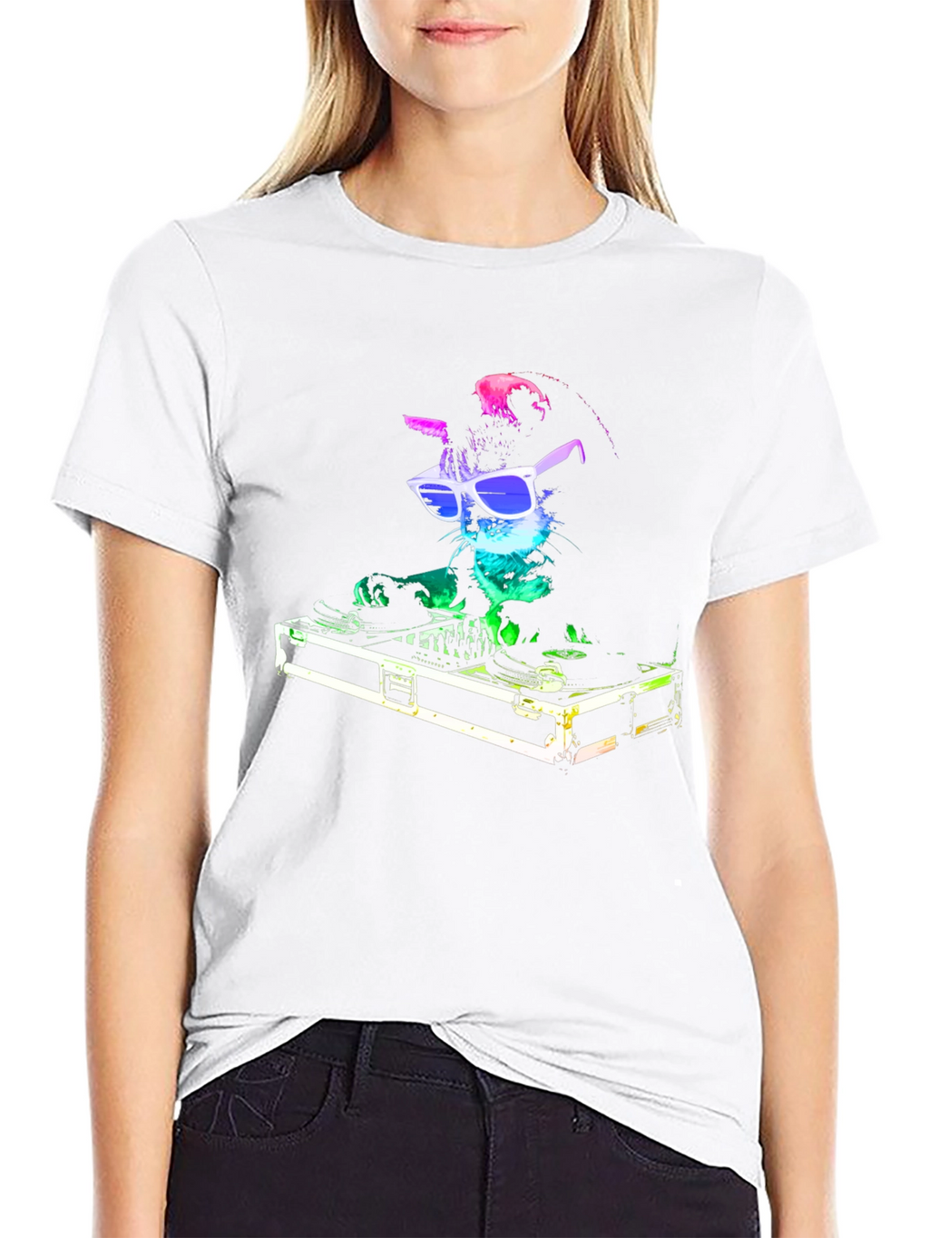 DJ Cat Graphic T-Shirt - Black Cotton Blend