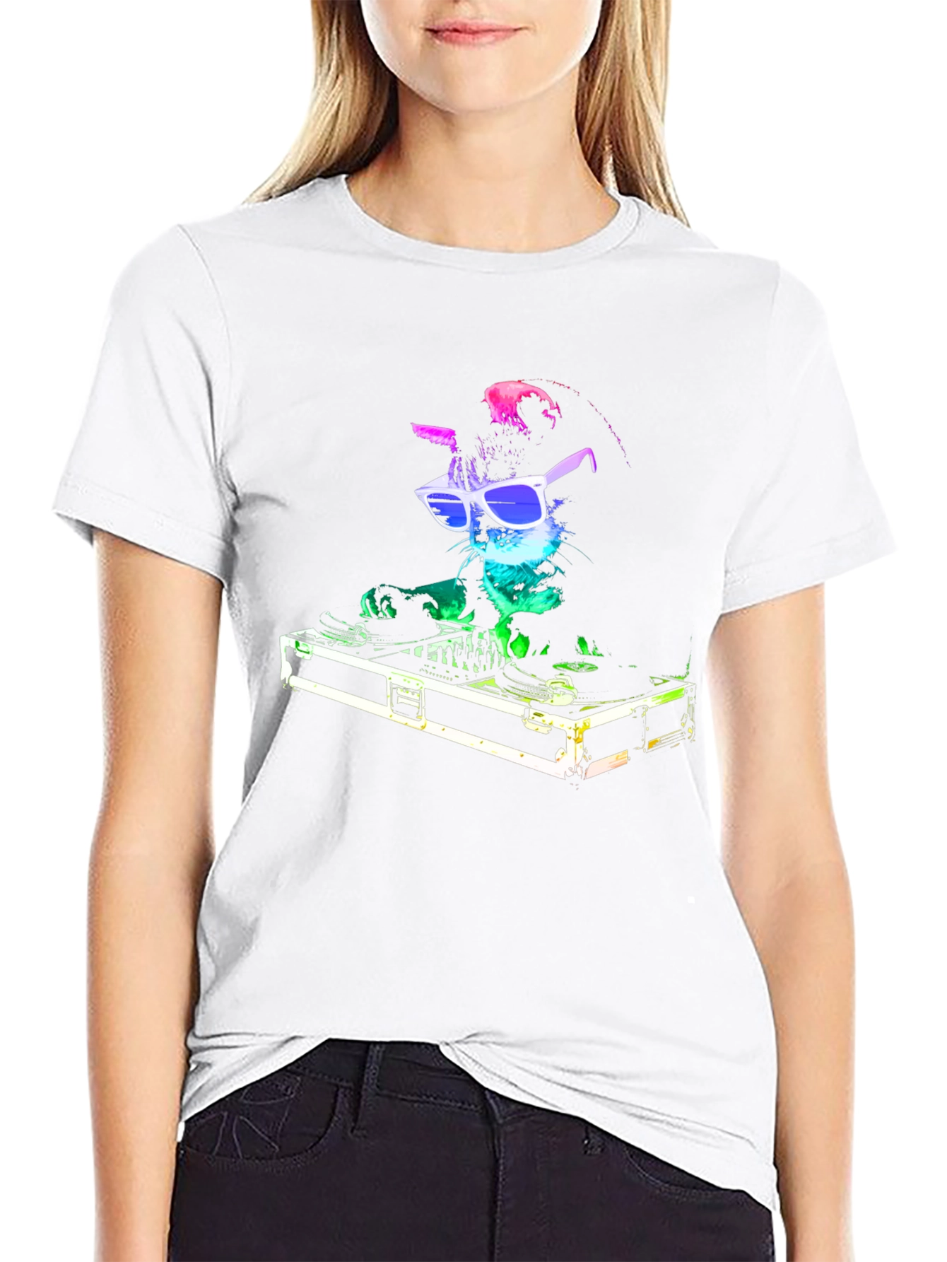 DJ Cat Graphic T-Shirt - Black Cotton Blend