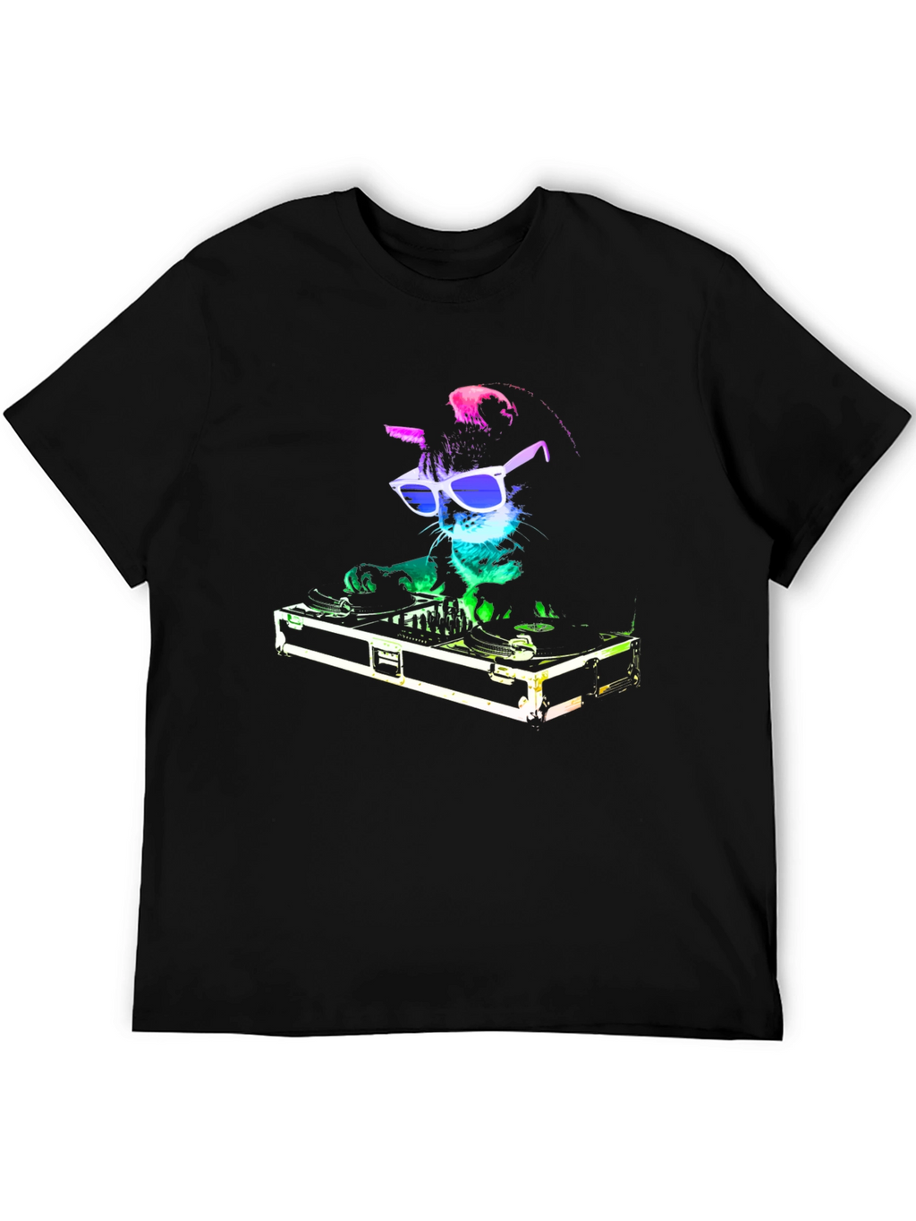 DJ Cat Graphic T-Shirt - Black Cotton Blend