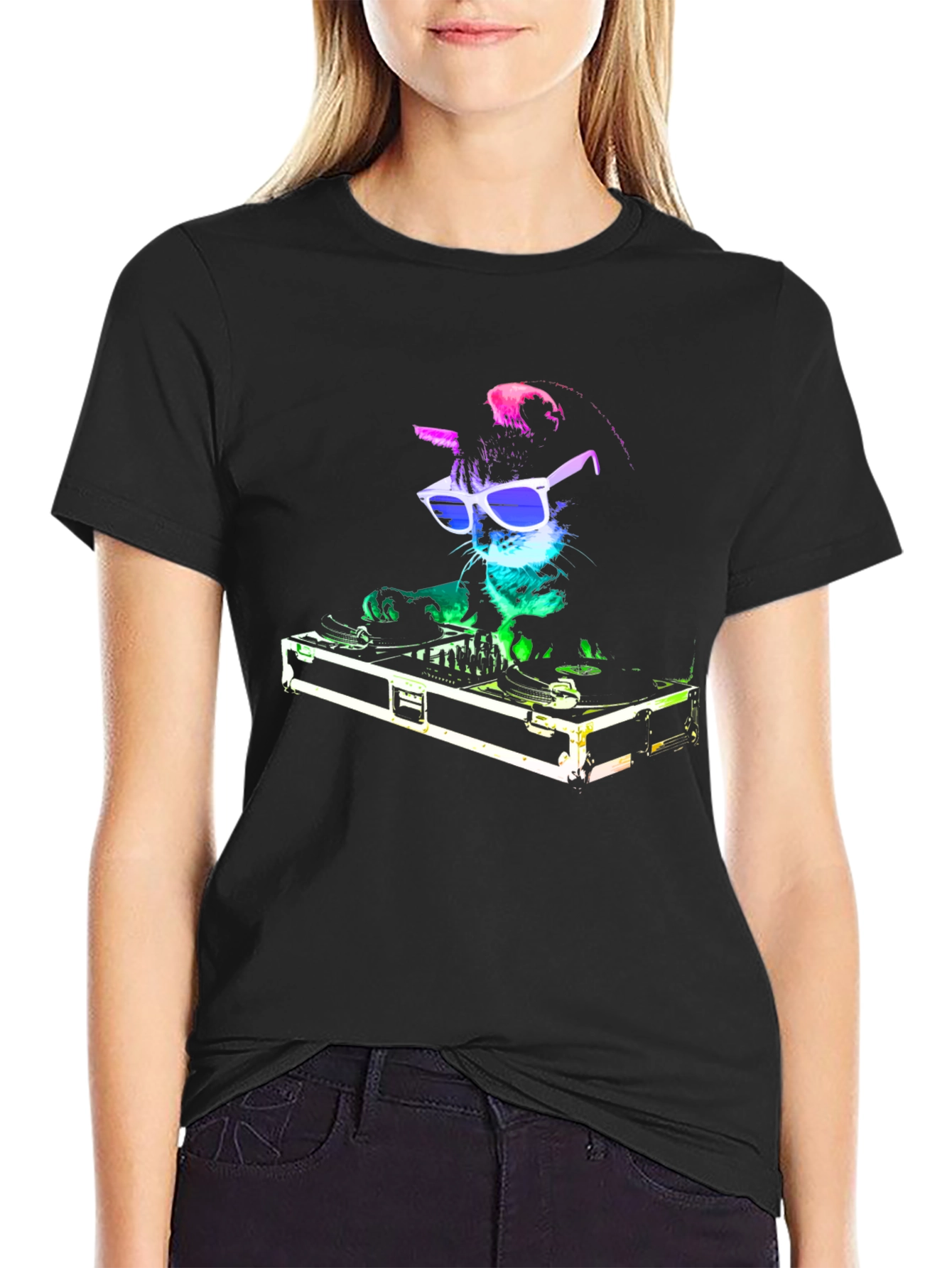 DJ Cat Graphic T-Shirt - Black Cotton Blend
